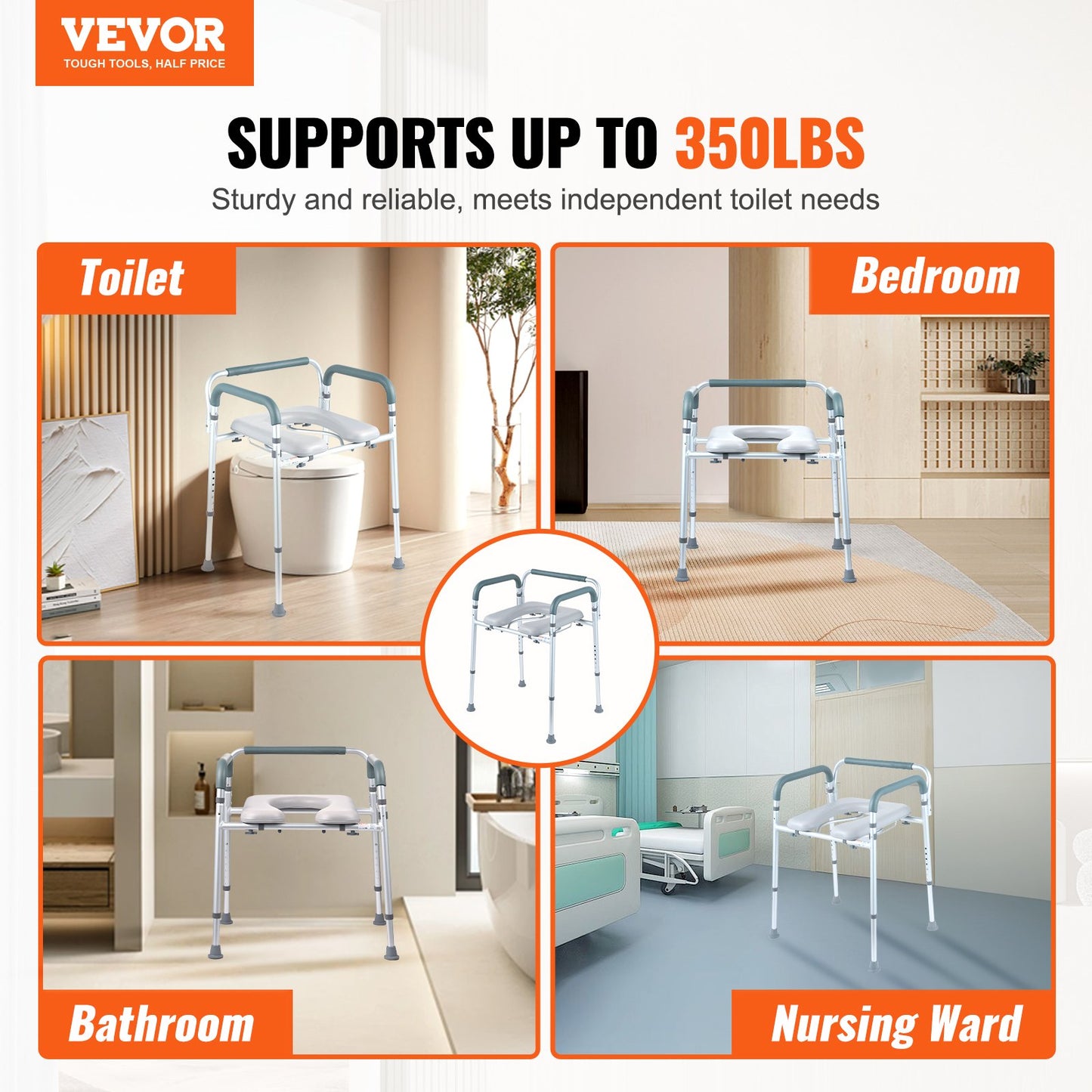 Toilettenstuhl, Nachttischstuhl mit gepolsterter Sitzfläche und Armlehnen, 7-stufig höhenverstellbar, 5,8 l abnehmbarer Eimer, einfach zu montieren, 158 kg Fassungsvermögen, erhöhter Toilettensitz für Erwachsene und Senioren