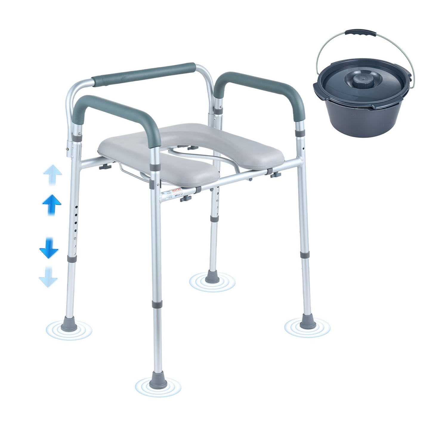 Toilettenstuhl, Nachttischstuhl mit gepolsterter Sitzfläche und Armlehnen, 7-stufig höhenverstellbar, 5,8 l abnehmbarer Eimer, einfach zu montieren, 158 kg Fassungsvermögen, erhöhter Toilettensitz für Erwachsene und Senioren