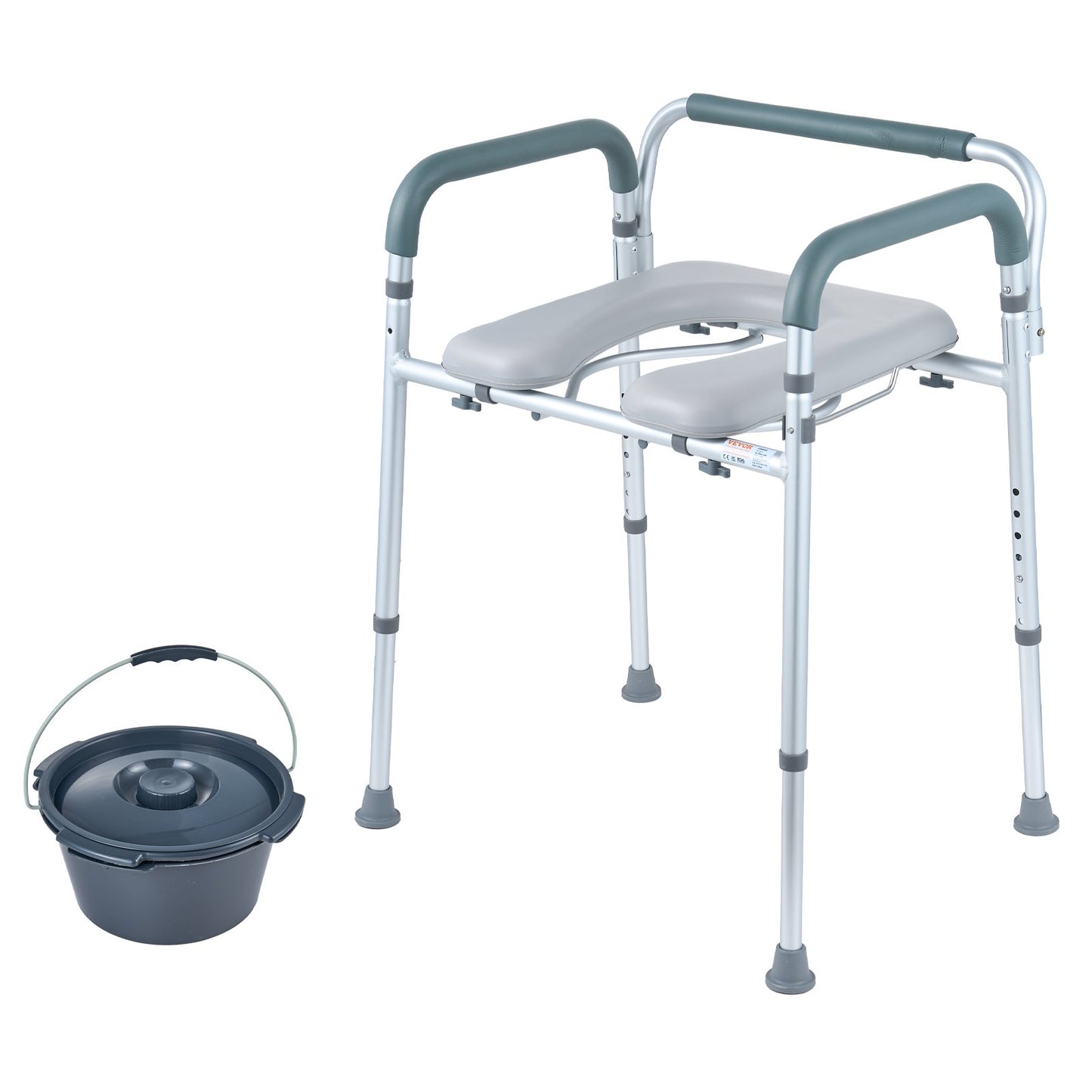 Toilettenstuhl, Nachttischstuhl mit gepolsterter Sitzfläche und Armlehnen, 7-stufig höhenverstellbar, 5,8 l abnehmbarer Eimer, einfach zu montieren, 158 kg Fassungsvermögen, erhöhter Toilettensitz für Erwachsene und Senioren