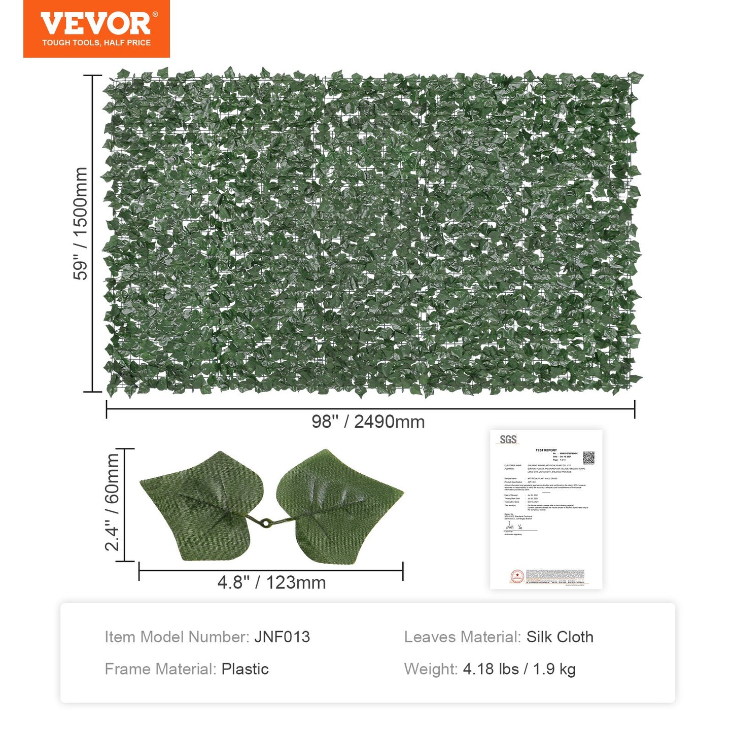Ivy Privacy Fence, 1500 x 2490 mm Artificial Green Wall Screen, Green Ivy Fence with Reinforced Joint, Faux Hedges Vine Leaf Decoration for Outdoor Garden, Yard, Patio Decor