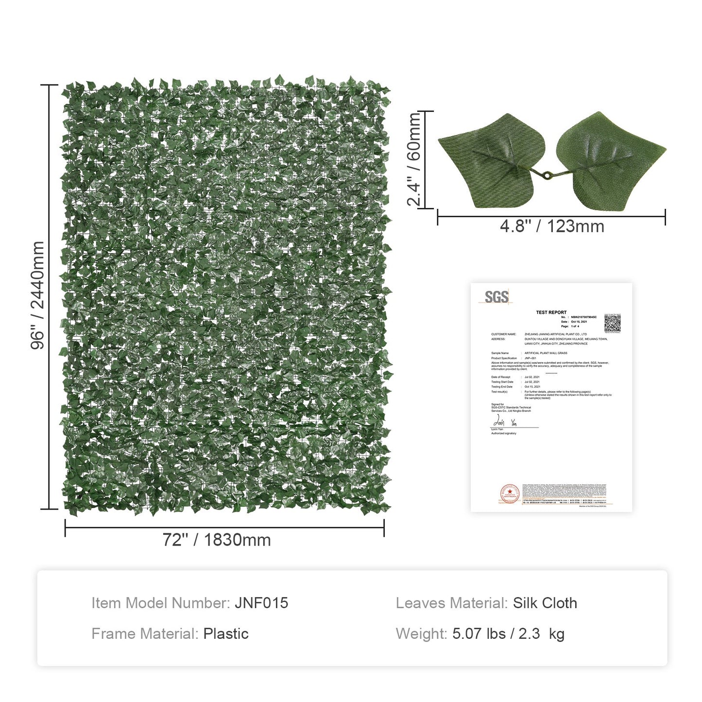 Ivy Privacy Fence, 2440 x 1830 mm Artificiell grön väggskärm, grönt Ivy staket med förstärkt fog, Faux häckar Vinbladsdekoration för utomhusträdgård, gård, balkong, uteplatsdekor