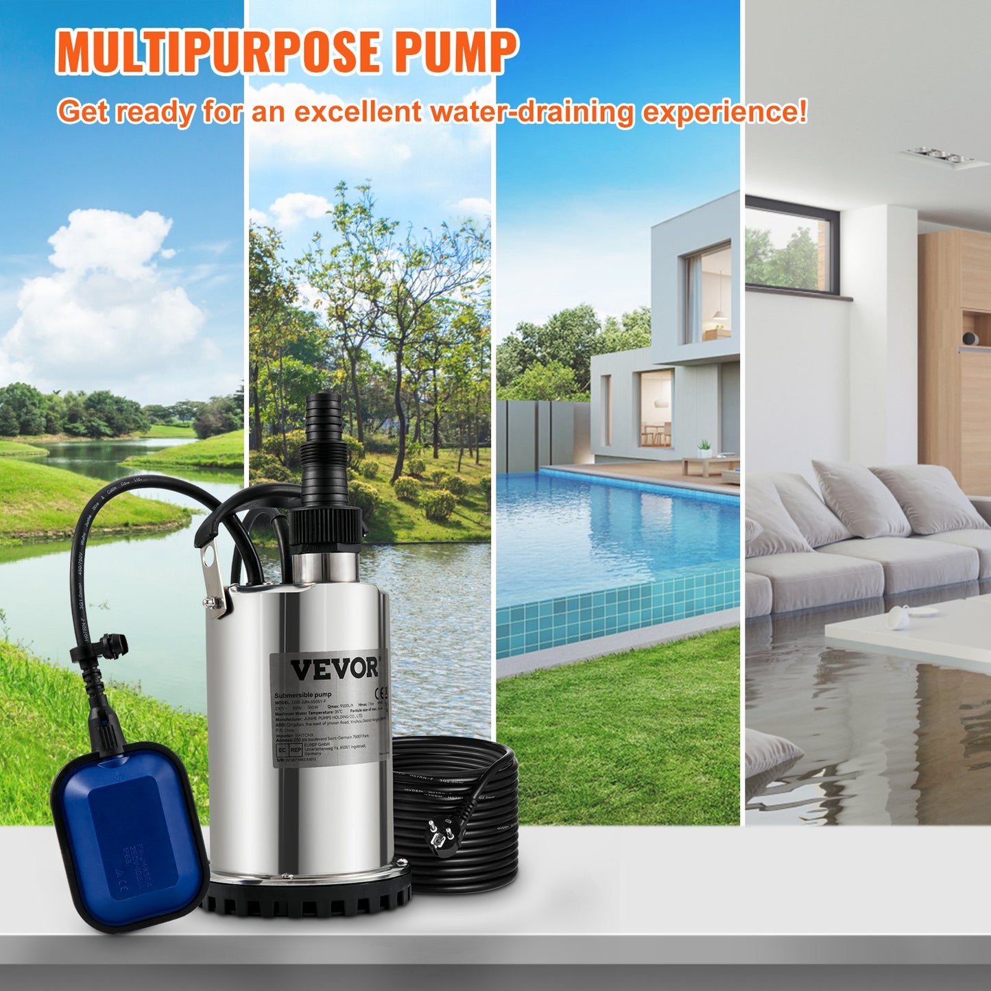 Tauchwasserpumpe, 550 W, 9500 l/h, mit 10 m Kabel und automatischem Schwimmerschalter, tragbarer Edelstahl für saubere, leere überflutete Bereiche, Schwimmbäder, Whirlpools, zur Bewässerung