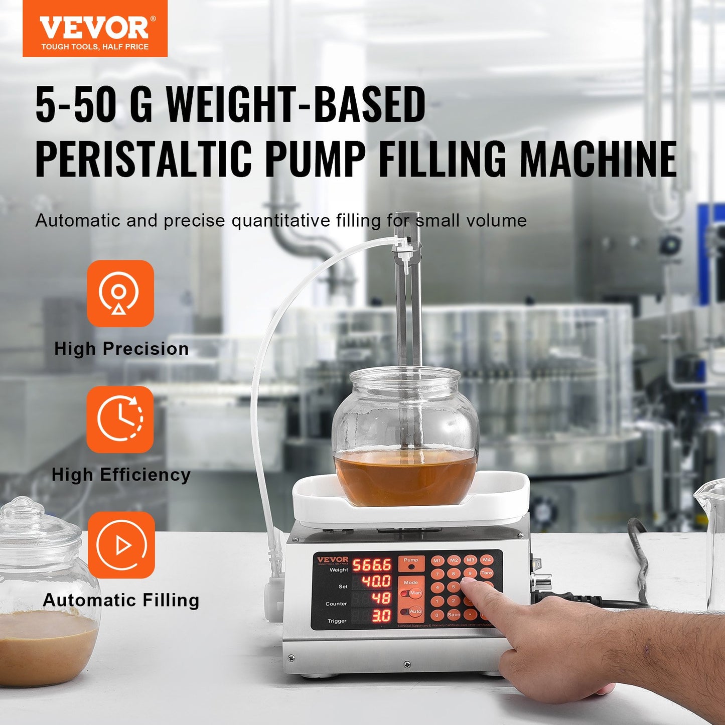 Liquid Filling Machine, 5-50g Weighing Capacity, Automatic Bottle Filling Machine, Bottling Machine Peristaltic Pump Digital Control for Milk, Water, Wine, Beverage, Soy Sauce (Single Nozzle)