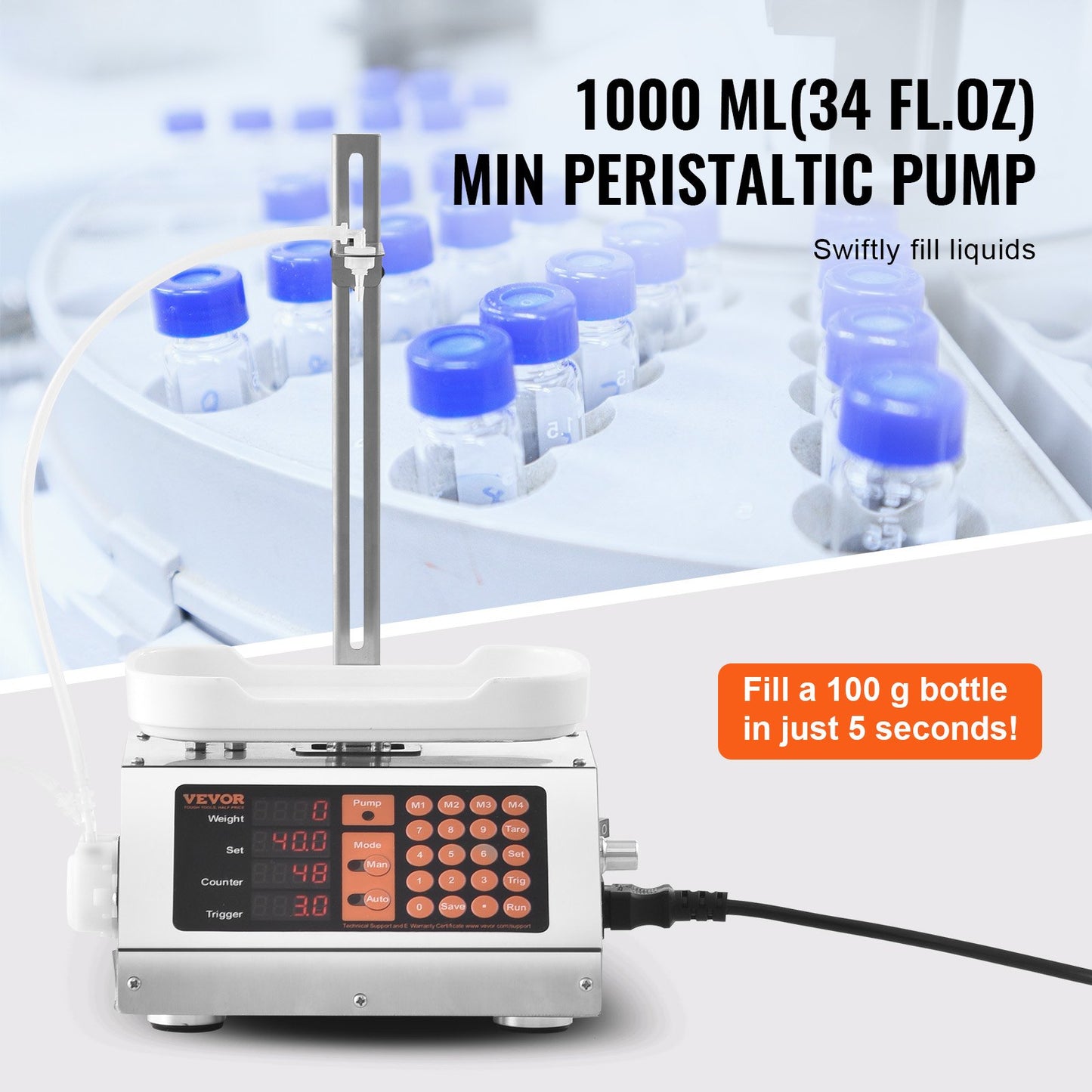 Liquid Filling Machine, 5-50g Weighing Capacity, Automatic Bottle Filling Machine, Bottling Machine Peristaltic Pump Digital Control for Milk, Water, Wine, Beverage, Soy Sauce (Single Nozzle)