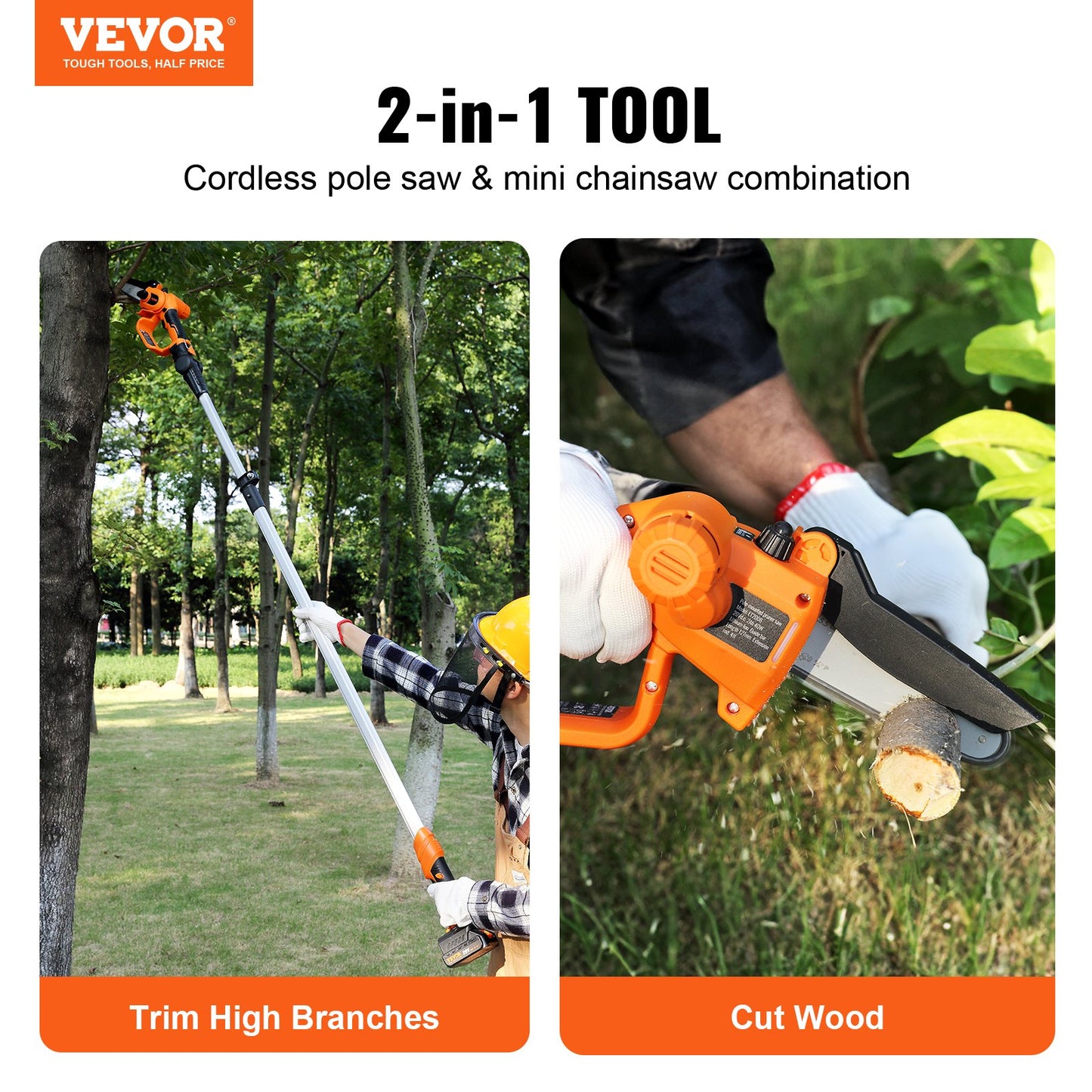 2-in-1 Cordless Pole Saw & Mini Chainsaw, 20V 2Ah Battery Pole Chainsaw, 5" Cutting Capacity 8 ft Reach Pole Saw for Branch Cutting and Tree Pruning (Battery and Blade Guard Included)