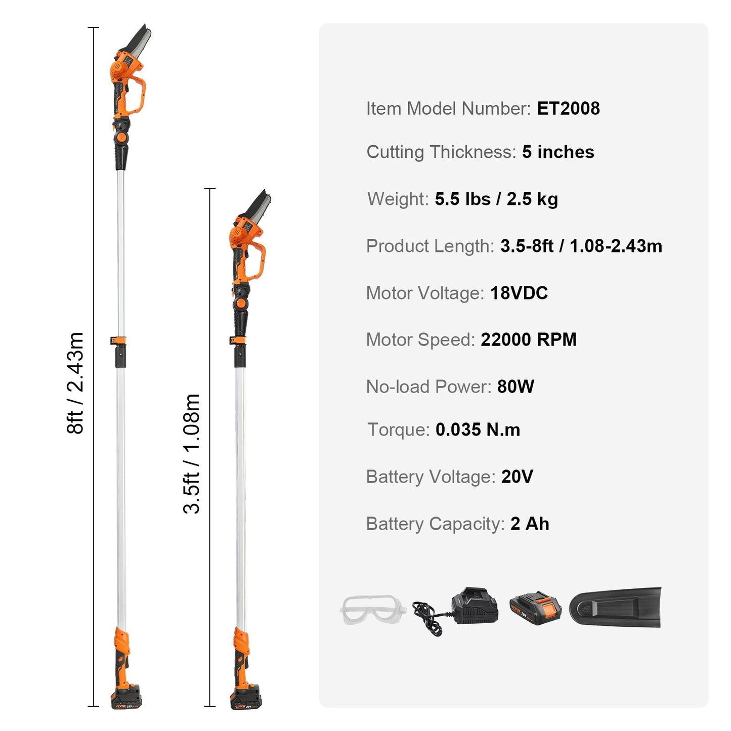 2-in-1 Cordless Pole Saw & Mini Chainsaw, 20V 2Ah Battery Pole Chainsaw, 5" Cutting Capacity 8 ft Reach Pole Saw for Branch Cutting and Tree Pruning (Battery and Blade Guard Included)