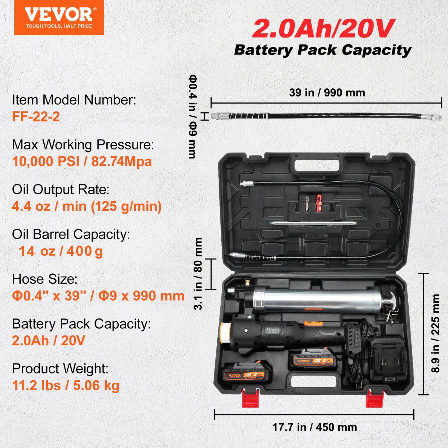 Sladdlös fettpistol elektrisk 20 volt 2,0 Ah batterisats 10000PSI med fodral