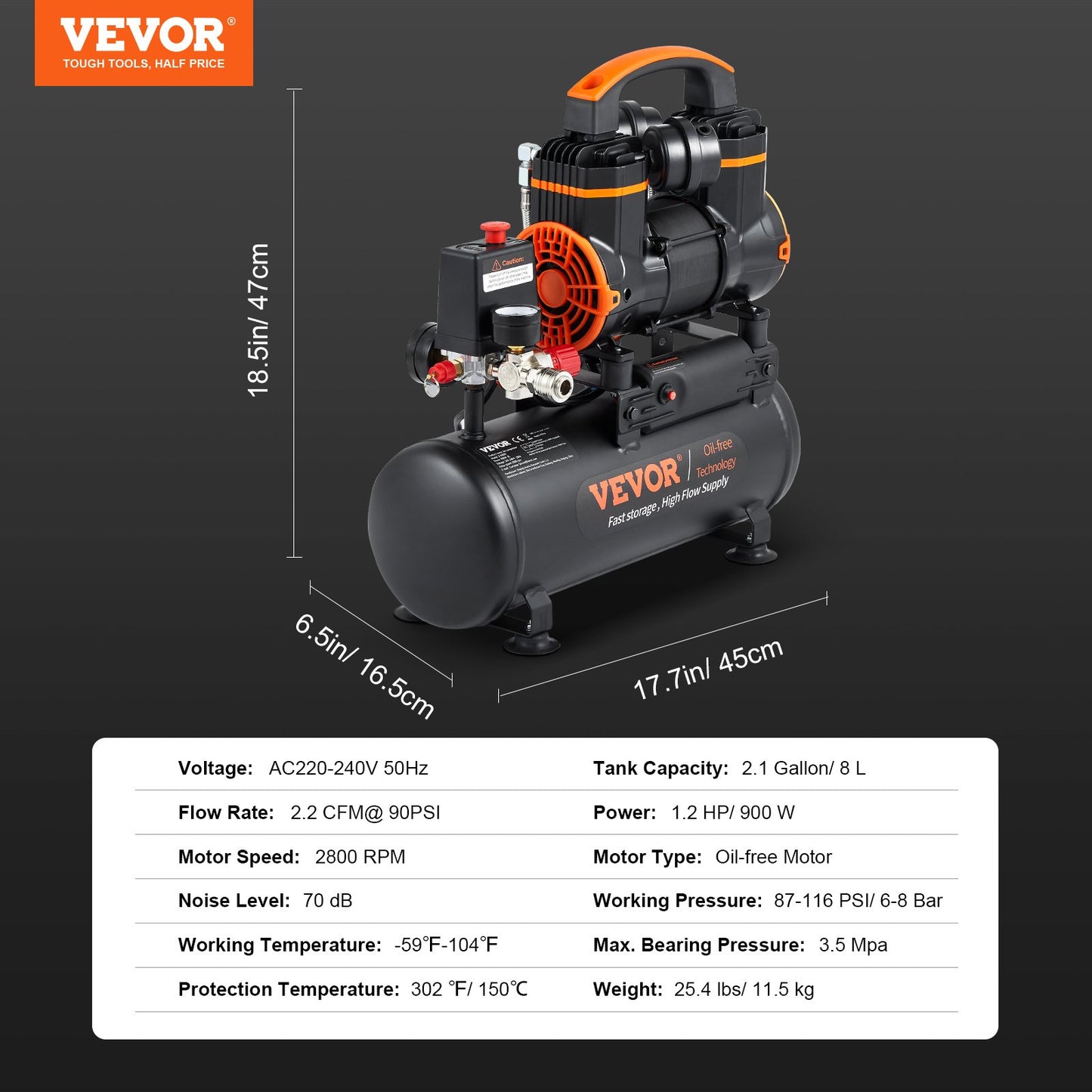 Luftkompressor 2,1 gallon 900W 2,2 CFM@ 90PSI 70 dB Ultra tyst oljefri