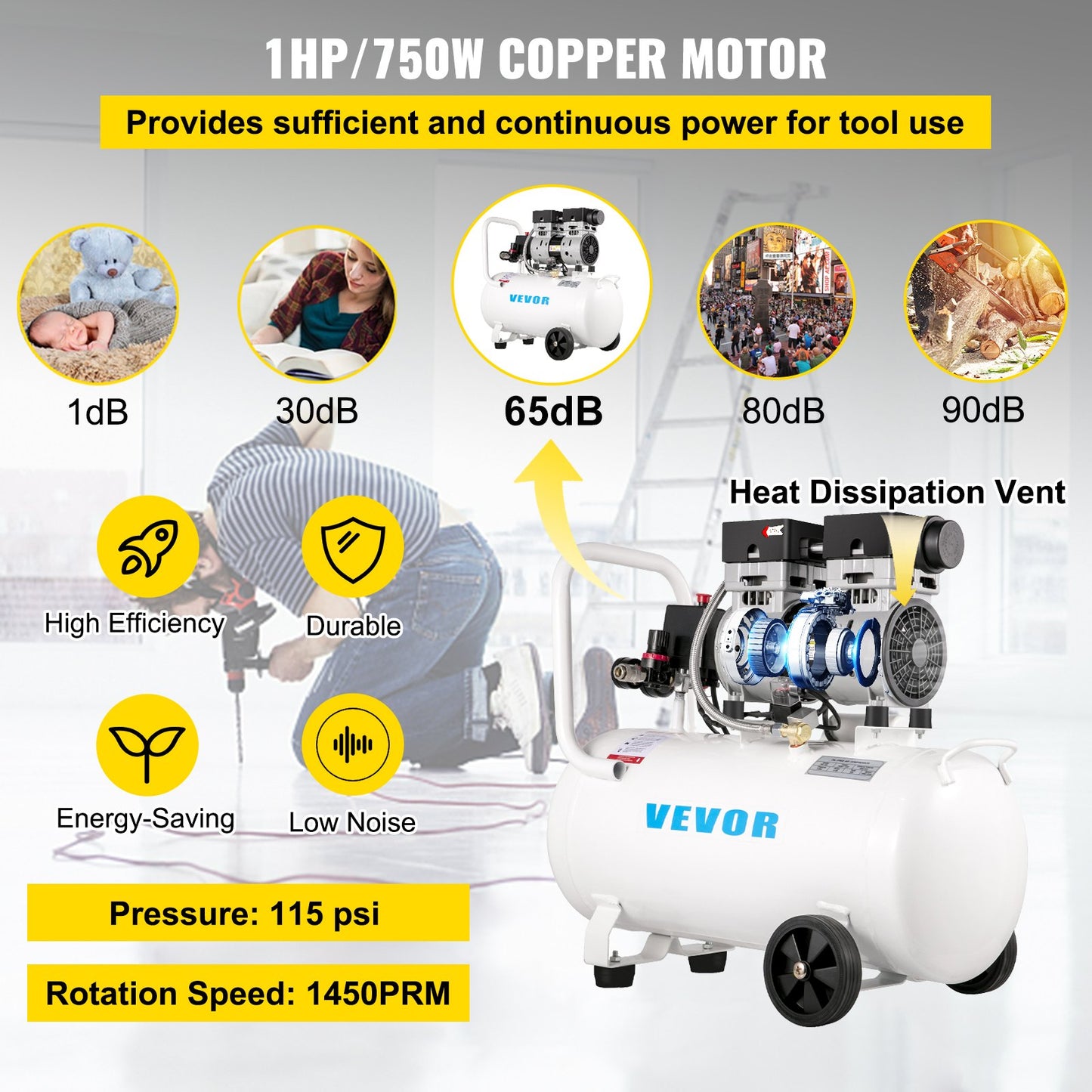Air compressor 11 gallon, ultra-quiet air compressor 1 hp, oil-free air compressor steel tank 750W, portable air compressor 8 bar, ultra-quiet compressor for home repair, tire inflation