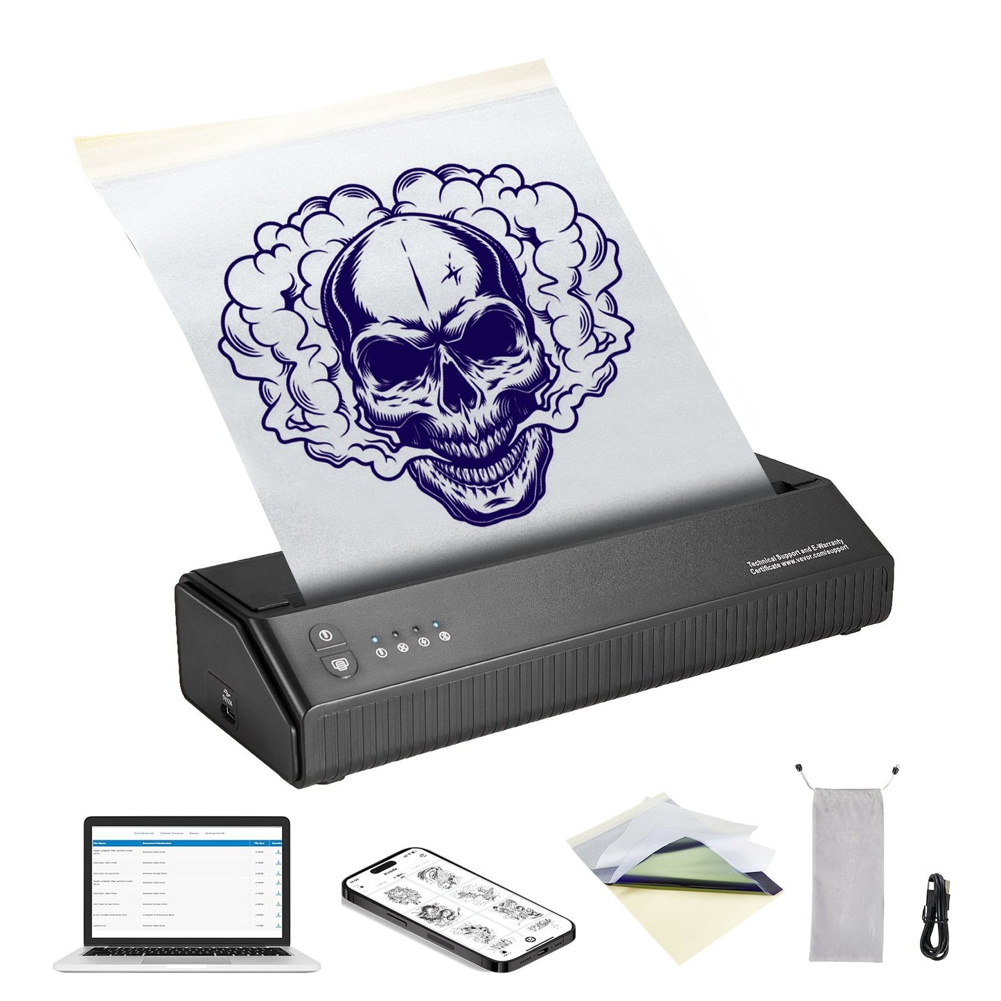 Tattoo-Transfer-Schablonendrucker, kabelloser Bluetooth-Tattoo-Schablonendrucker mit 10-teiligem Transferpapier und Stofftasche, tragbarer Tattoo-Drucker für Android- und iOS-Telefone, iPad und PC