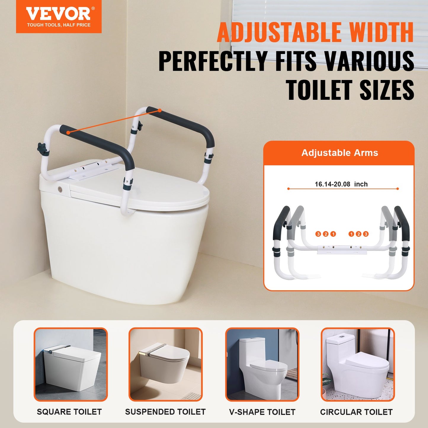 Toilet Safety Rail, 300 LBS Capacity Toilet Seat Frame, Adjustable Width Fits Most Toilets, Easy Installation, Toilet Handles Handles with Padded Armrests for Handicapped, Disabled, Seniors