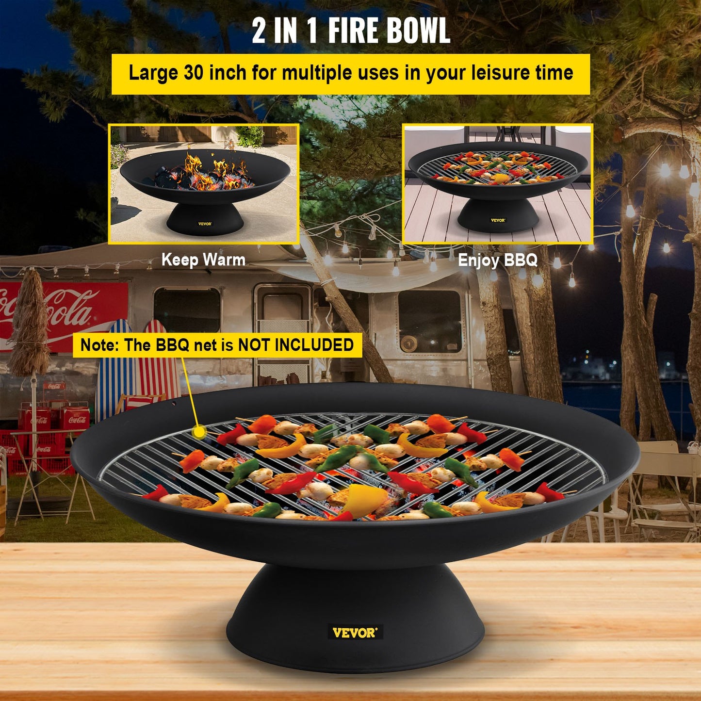 Fire Pit Bowl, 30-tums djup rund eldskål i gjutjärn, vedeldning för uteplatser, bakgårdar och campingbruk, med en stabil skål designad bas och en vedpinne, svart