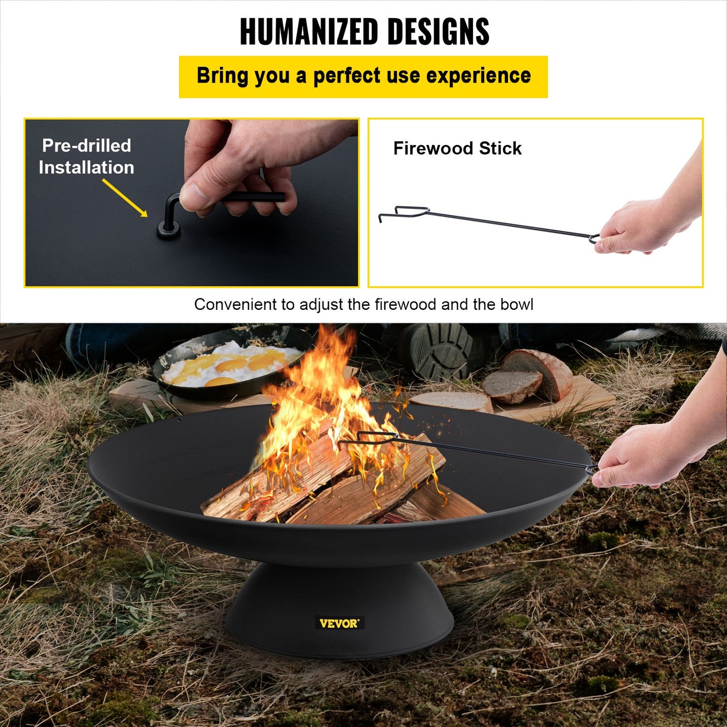 Fire Pit Bowl, 30-tums djup rund eldskål i gjutjärn, vedeldning för uteplatser, bakgårdar och campingbruk, med en stabil skål designad bas och en vedpinne, svart