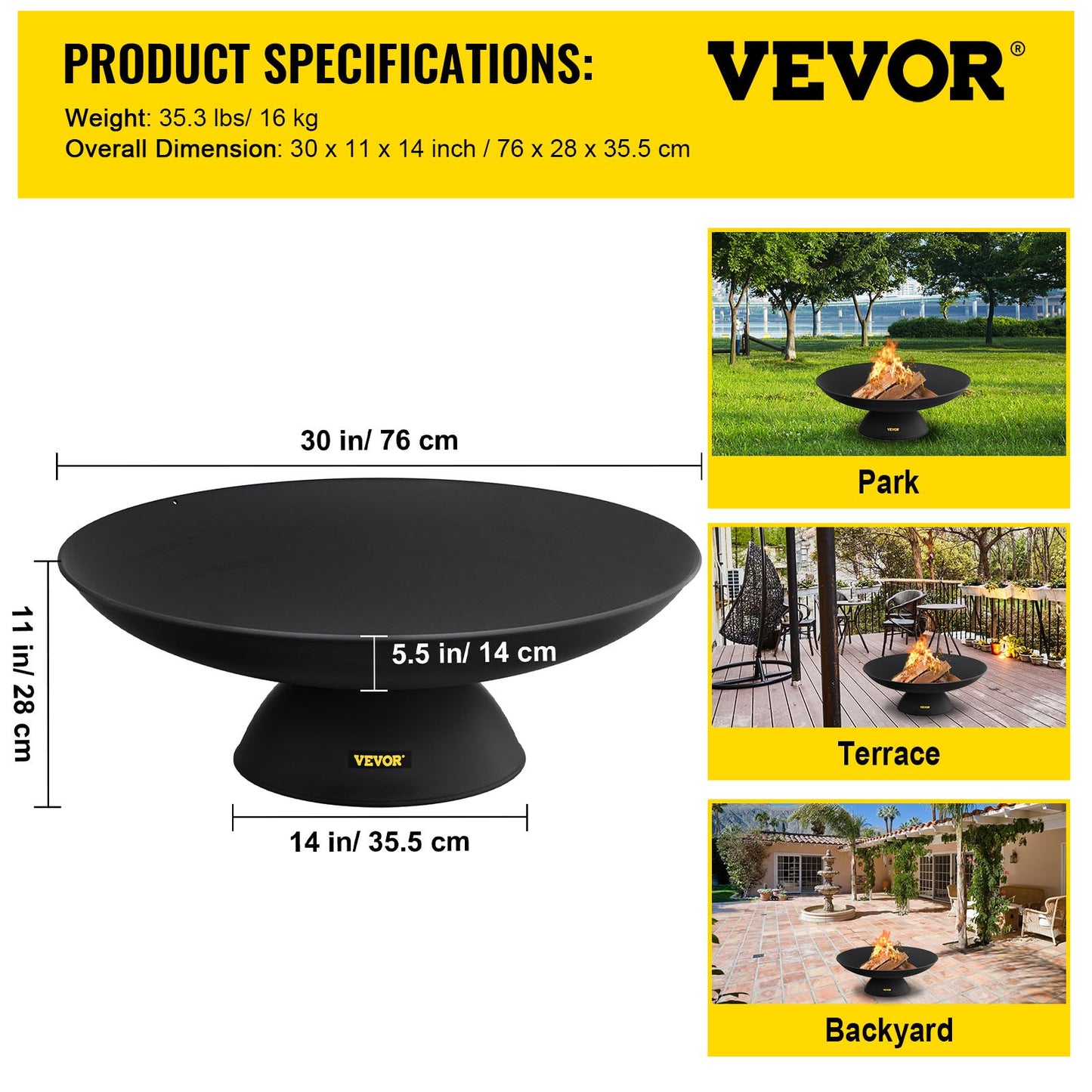 Fire Pit Bowl, 30-tums djup rund eldskål i gjutjärn, vedeldning för uteplatser, bakgårdar och campingbruk, med en stabil skål designad bas och en vedpinne, svart