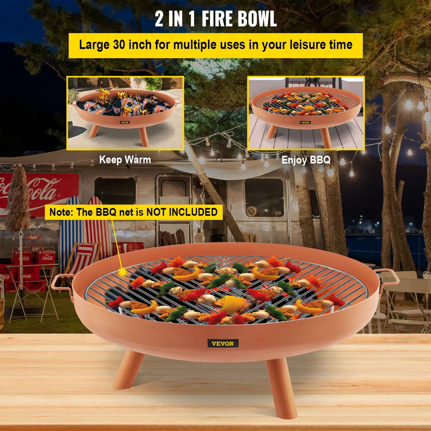 Fire Pit Bowl, 30-tums djup rund eldskål i kolstål, vedeldning för uteplatser, bakgårdar och campingbruk, med ett avloppshål, bärbara handtag och en vedpinne, brun
