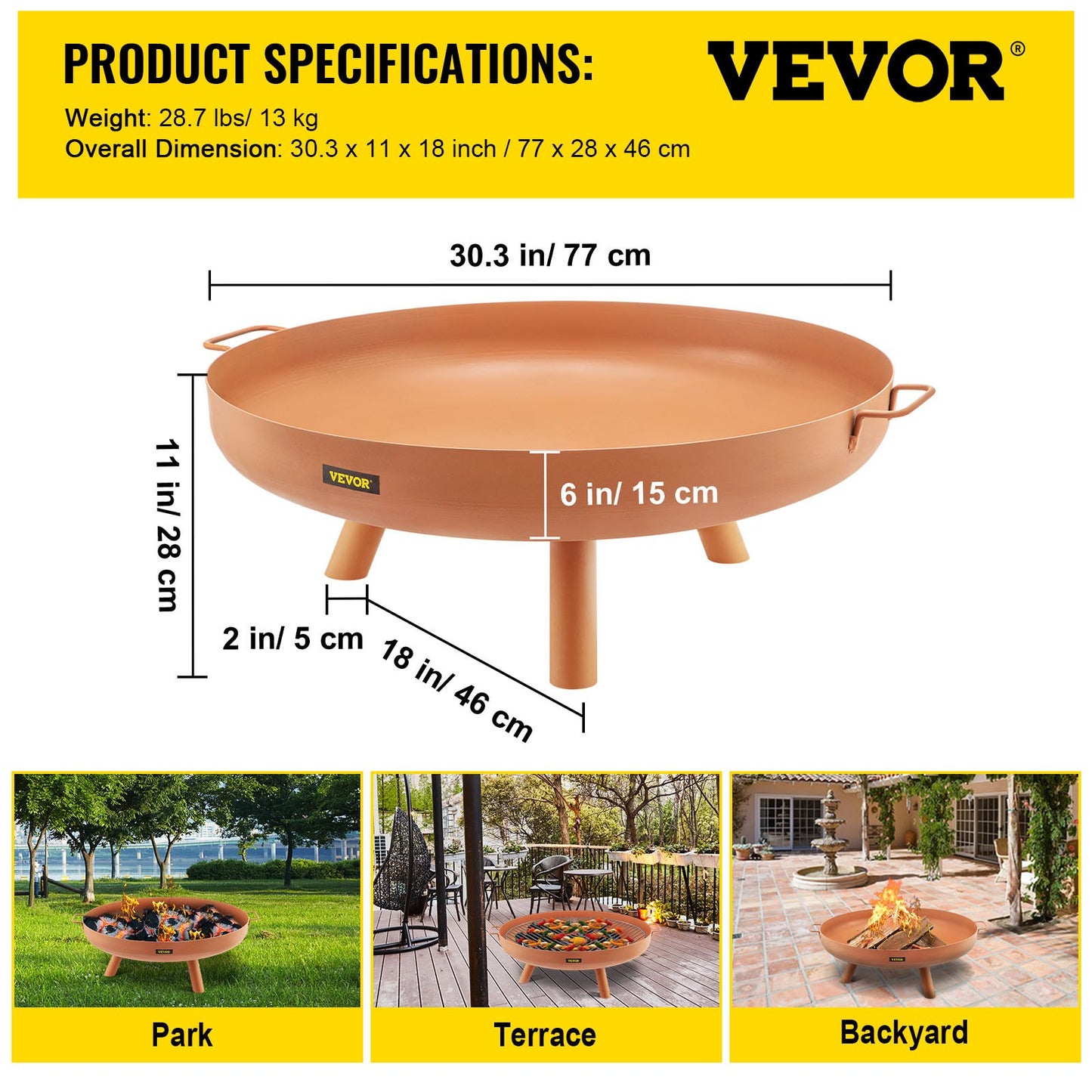 Fire Pit Bowl, 30-tums djup rund eldskål i kolstål, vedeldning för uteplatser, bakgårdar och campingbruk, med ett avloppshål, bärbara handtag och en vedpinne, brun