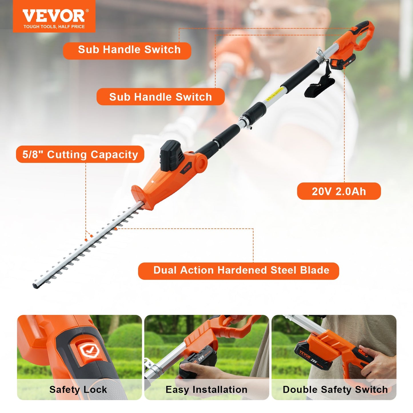 20V Cordless Hedge Trimmer Telescopic Pole Hedge Trimmer 18 Inch Blade