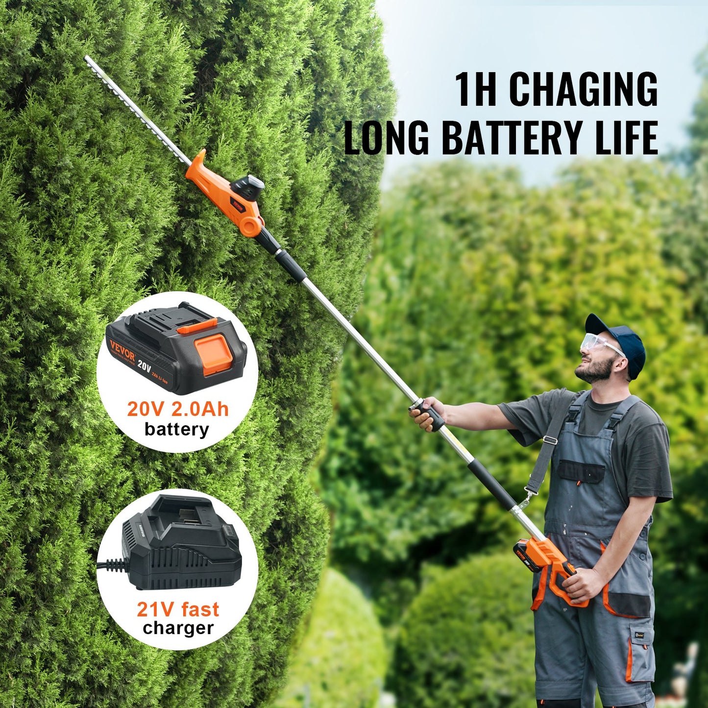 20V Cordless Hedge Trimmer Telescopic Pole Hedge Trimmer 18 Inch Blade