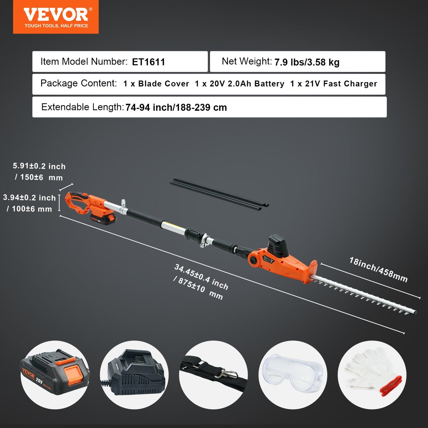20V Cordless Hedge Trimmer Telescopic Pole Hedge Trimmer 18 Inch Blade