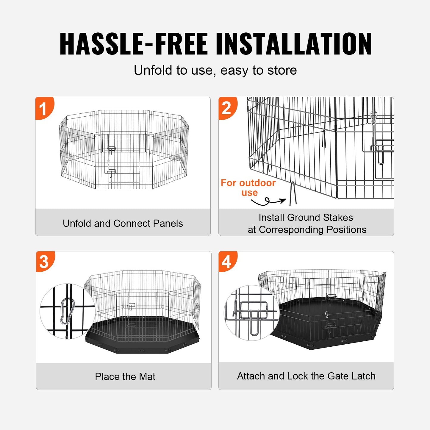 Hundlekhage, 8 paneler hopfällbar hundträningspenna i metall med bottendyna, 24" H sällskapsstaket Valplåda Kennel med markinsatser, inomhus hundpenna utomhus för små medelstora husdjur, för camping, trädgård