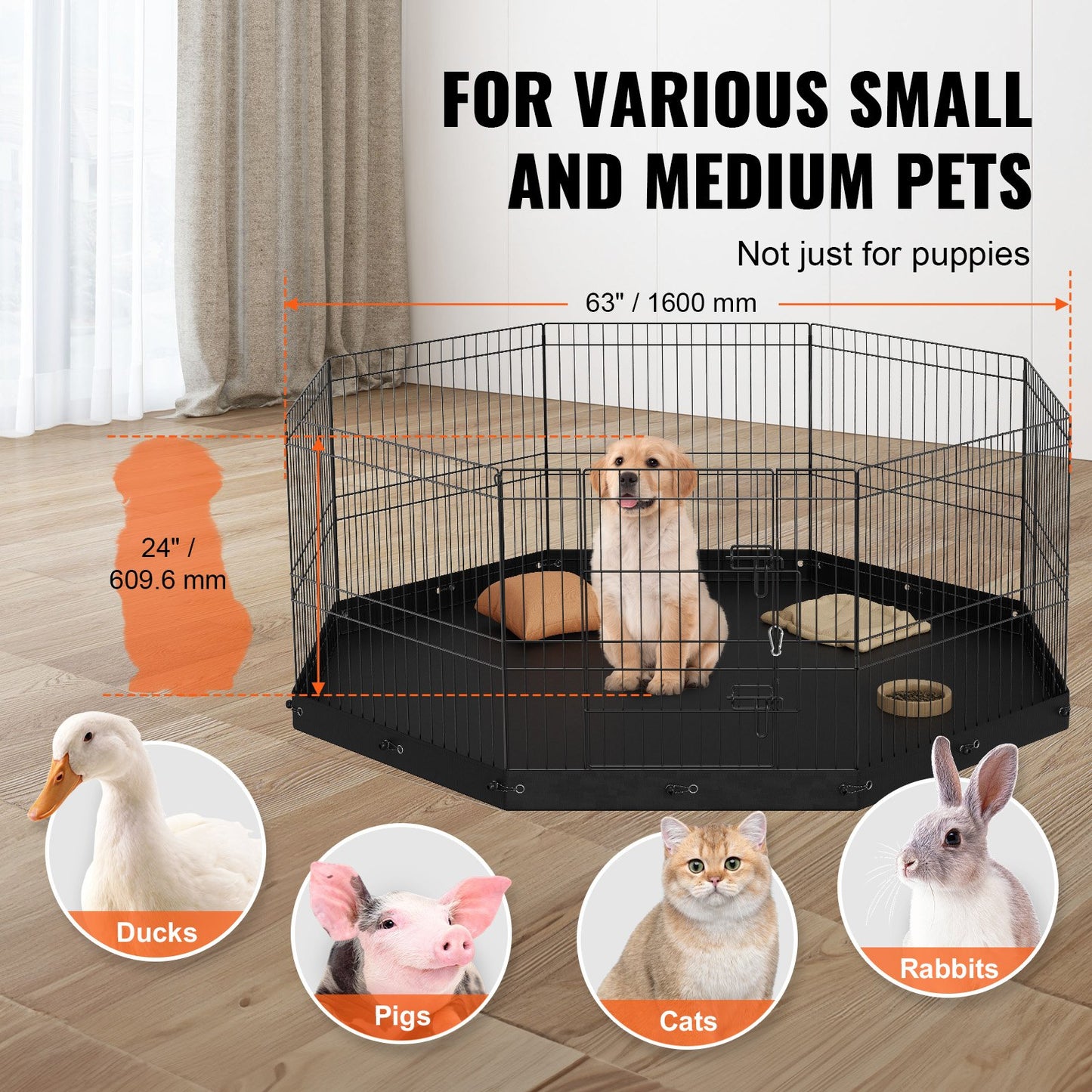 Hundlekhage, 8 paneler hopfällbar hundträningspenna i metall med bottendyna, 24" H sällskapsstaket Valplåda Kennel med markinsatser, inomhus hundpenna utomhus för små medelstora husdjur, för camping, trädgård