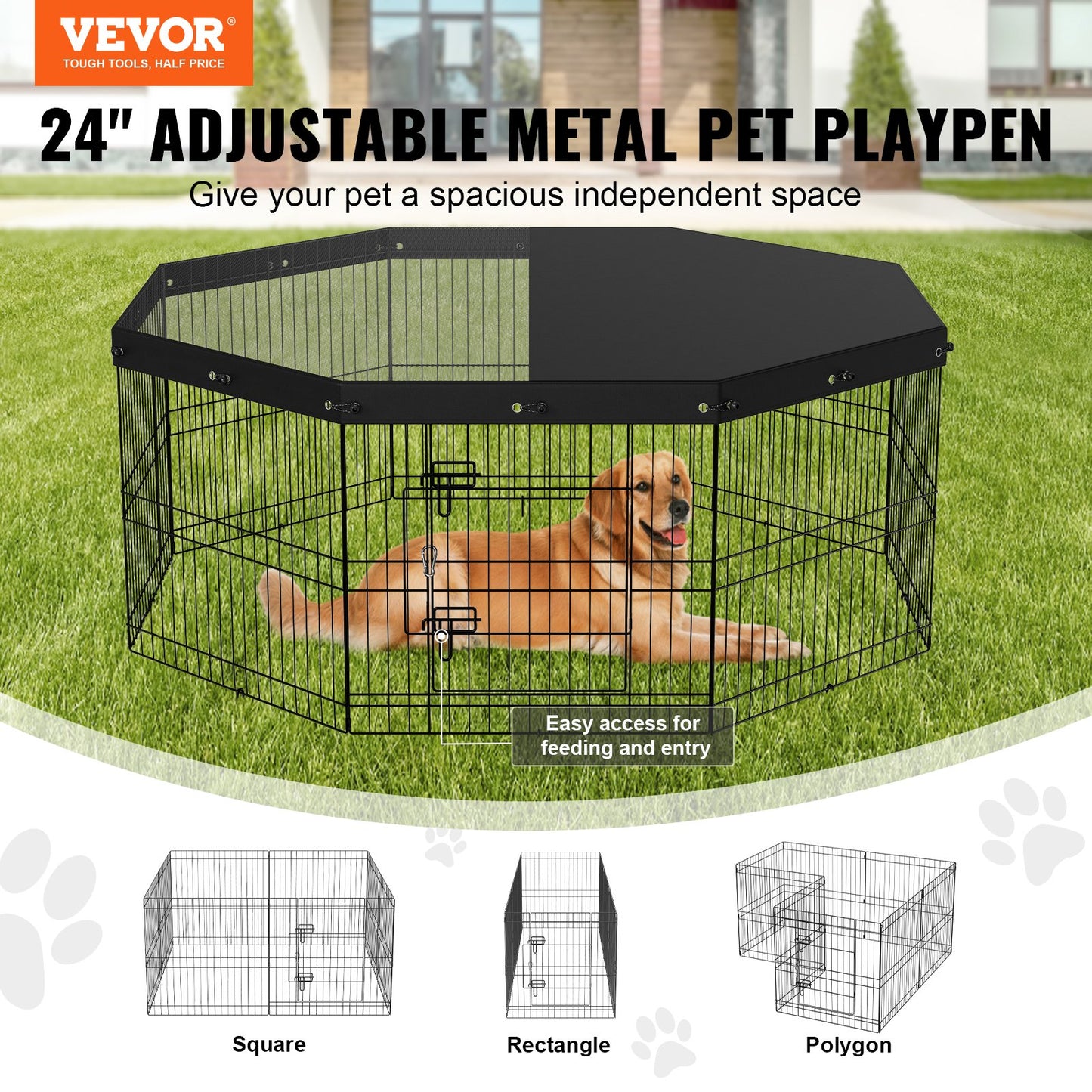 Hundlekhage, 8 paneler hopfällbar hundträningspenna i metall med topplock, 24" H sällskapsstaket Valplåda Kennel med markinsatser, inomhus utomhushundpenna för små medelstora husdjur, för camping, trädgård