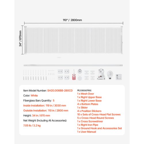 Infällbar Barngrind, 870 mm Hög, Kan Utfällas Upp Till 2800 mm Bredd, Infällbar Grind För Barn Eller Husdjur, Nätmaterial, Enkel Att Installera För Inomhustrappor, Dörröppningar, Hallar, Lekrum, Vit | EU