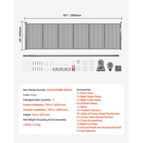 Infällbar Barngrind, 870 mm Hög, Kan Utfällas Upp Till 2800 mm Bred, Infällbar Grind För Barn Eller Husdjur, Nätmaterial, Enkel Att Installera För Inomhustrappor, Dörröppningar, Hallar, Lekrum, Grå | EU
