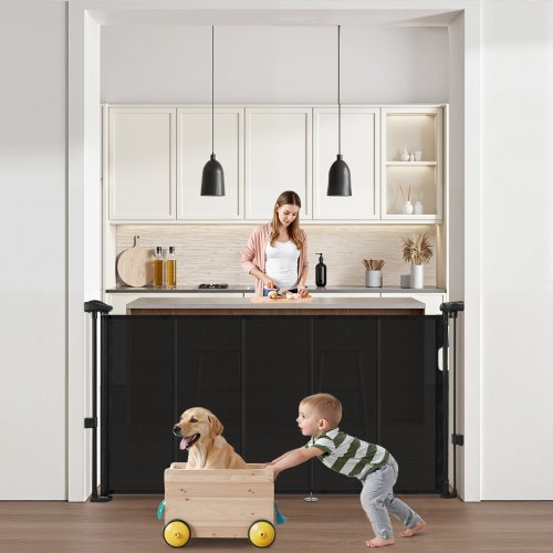 Einziehbares Babygitter, 870 mm hoch, ausziehbar auf 1400 mm Breite, für Kinder und Haustiere, Schwarz