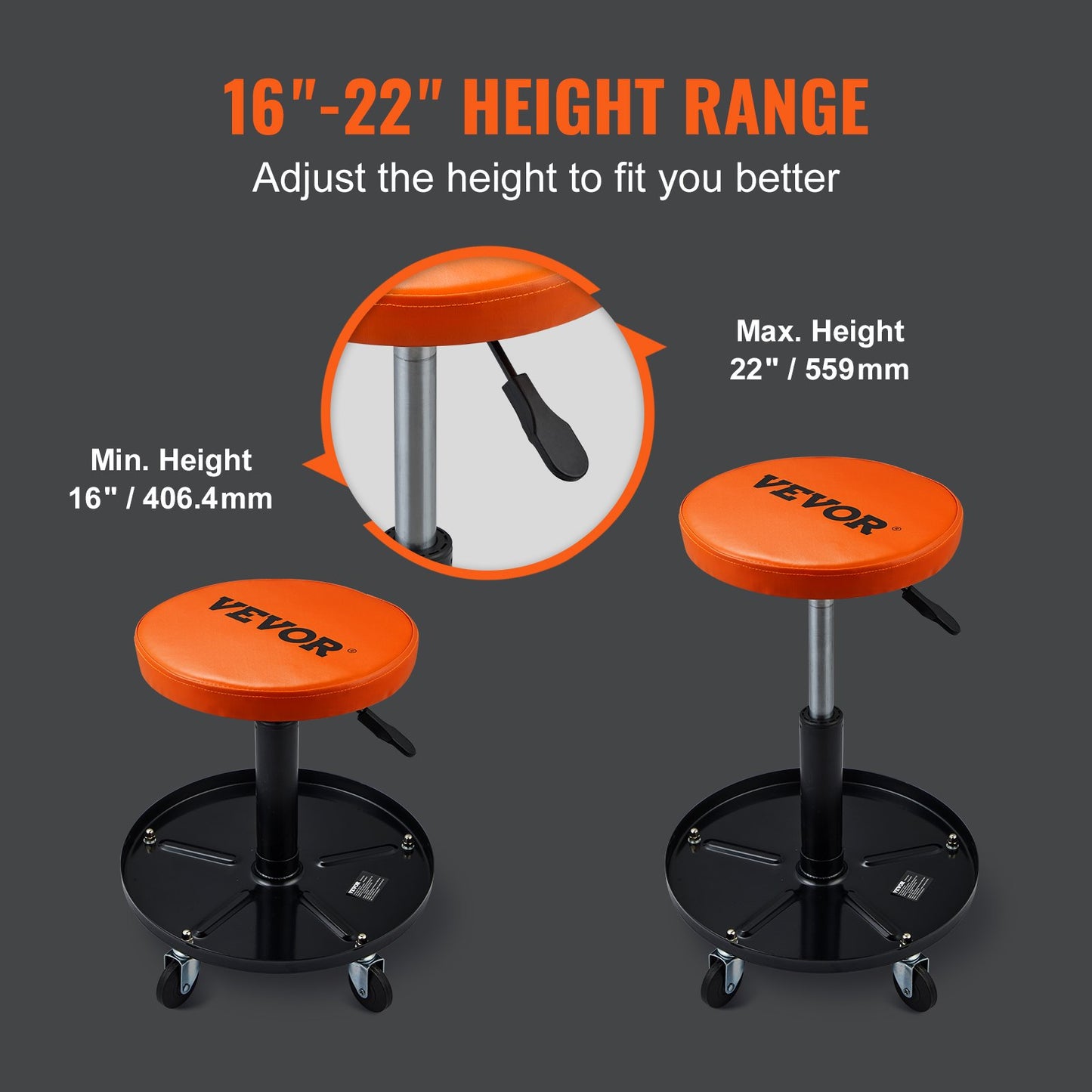 Mekanisk pall, 250 LBS rullande pneumatisk krypgarage/butikssäte, justerbar höjd 22 in-28 i vadderad rullande verkstadspall med verktygsbricka, för garage, butik, bilreparation, svart+orange