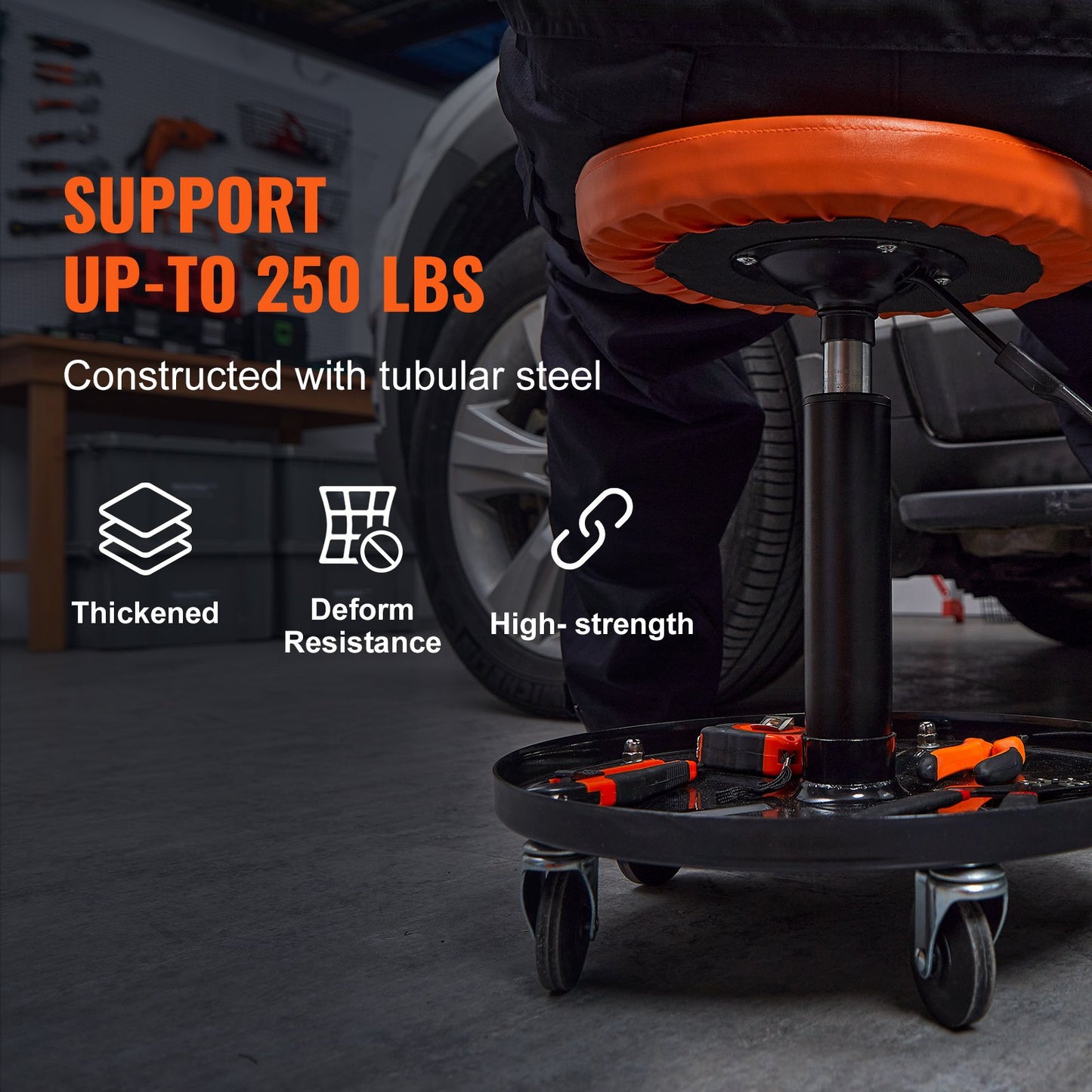 Mekanisk pall, 250 LBS rullande pneumatisk krypgarage/butikssäte, justerbar höjd 22 in-28 i vadderad rullande verkstadspall med verktygsbricka, för garage, butik, bilreparation, svart+orange
