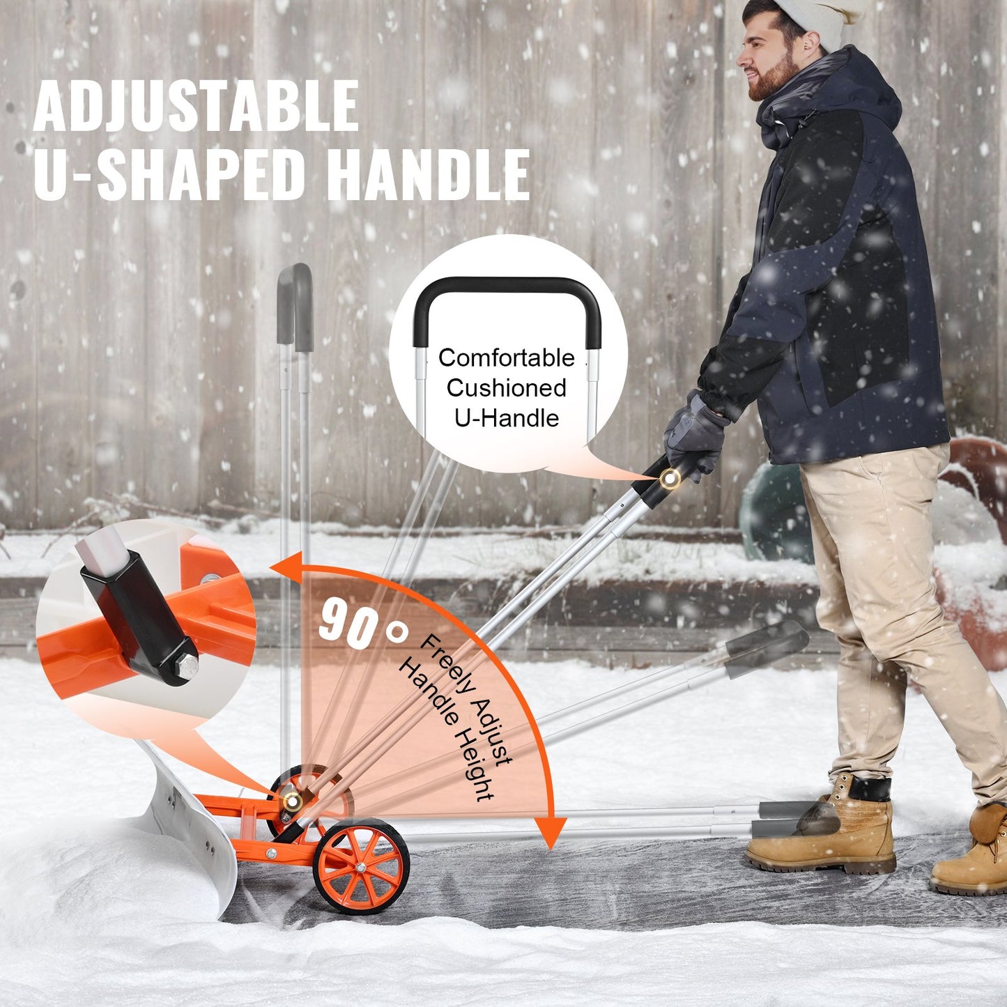 Schneeschaufel mit Rädern, 37-Zoll-Schneeschaufel für die Auffahrt, ABS-Schneeschaufel zum Schneeräumen, robuster Schaufelschieber mit breiter Klinge und U-förmigem Griff aus Aluminiumlegierung