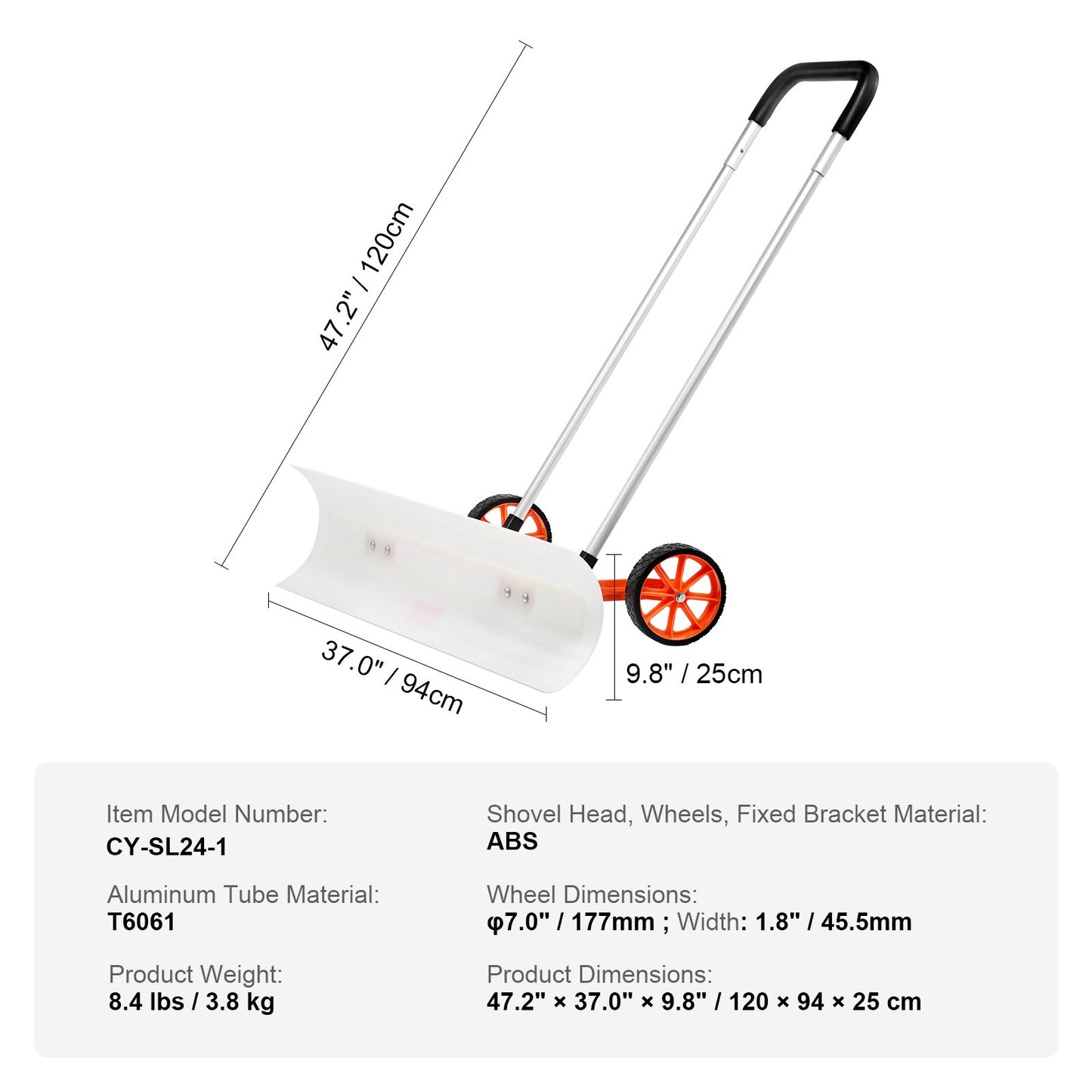 Schneeschaufel mit Rädern, 37-Zoll-Schneeschaufel für die Auffahrt, ABS-Schneeschaufel zum Schneeräumen, robuster Schaufelschieber mit breiter Klinge und U-förmigem Griff aus Aluminiumlegierung