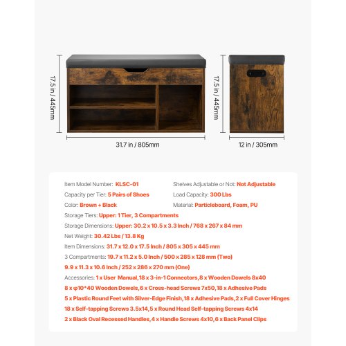 Skobänk för hall, 805 x 305 x 445 mm skoförvaring med dold lyftbar topp, 136 kg bänk med stoppad sits och 3 skåp för hall, vardagsrum, sovrum, brun + svart | EU