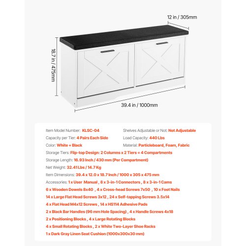 Skoförvaringsbänk för entrén, 1000 x 305 x 475 mm skoorganisatör med fällbara lådor, 180 kg smal skohylla med dynor och fällbara dörrar, för hall, vardagsrum, sovrum, svart + vit | EU