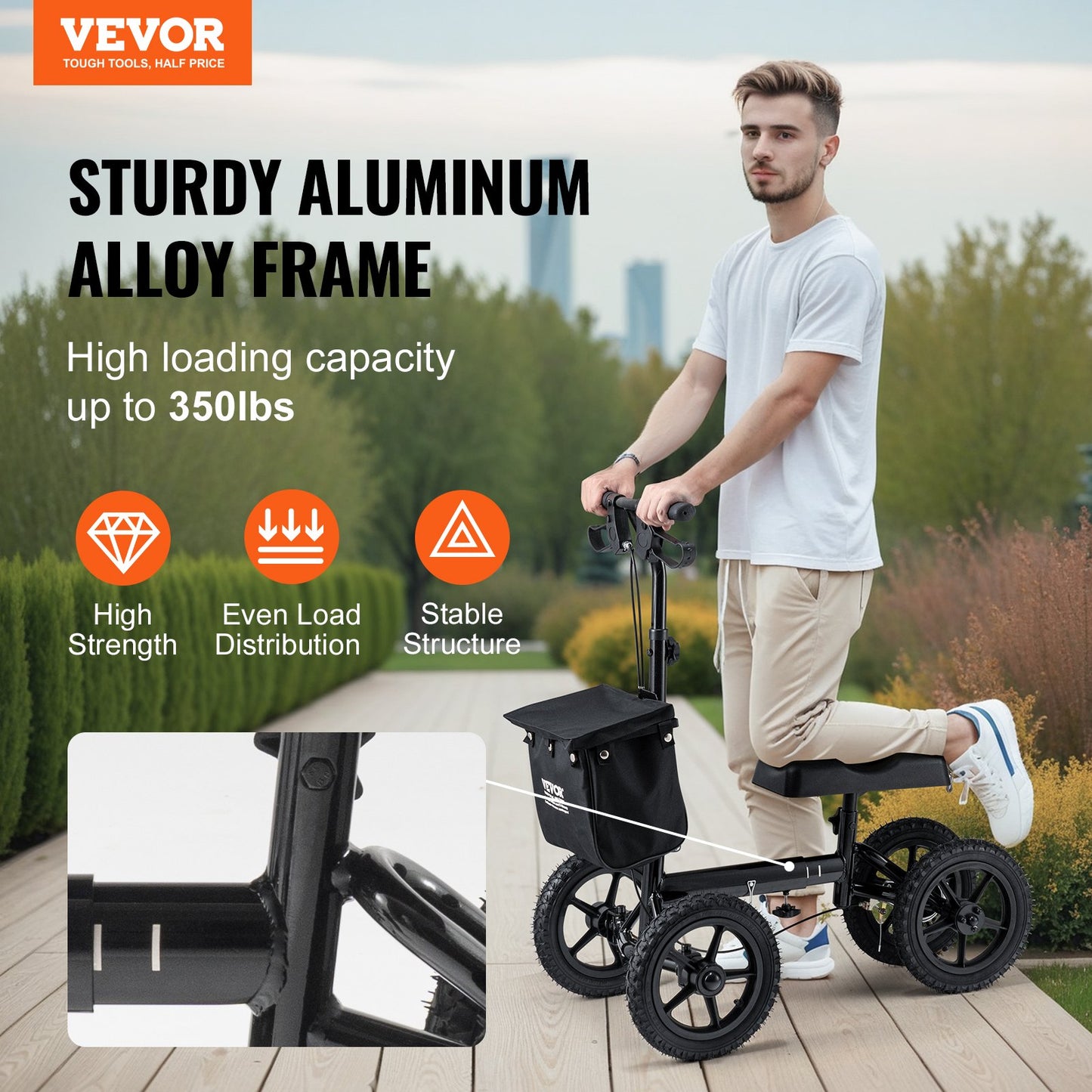 Foldable knee scooter, steerable aluminum knee rollator with height-adjustable handlebar and knee pads, 12" all-terrain wheels, dual brakes, leg recovery scooter for broken ankle foot injuries, 350 LBS