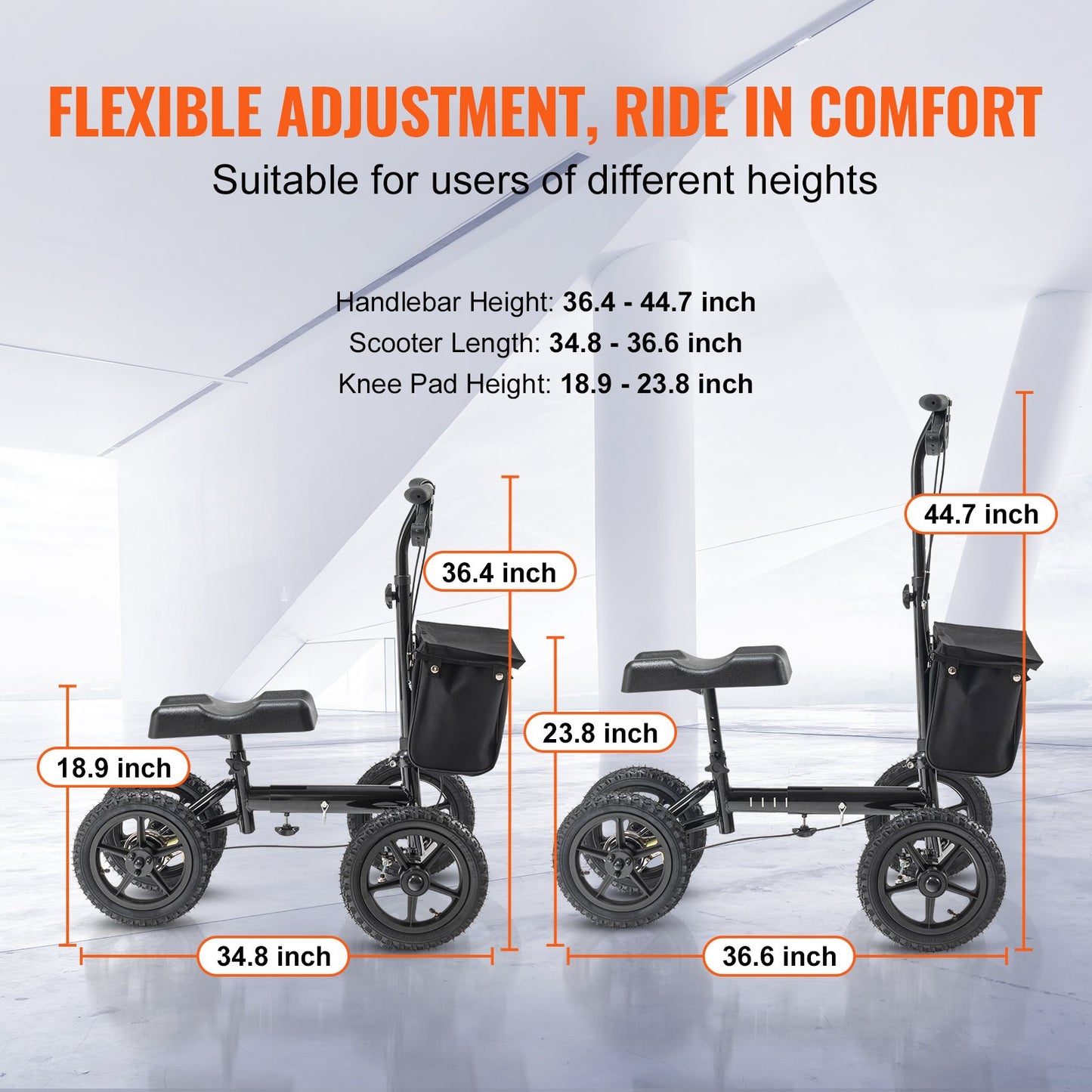 Foldable knee scooter, steerable aluminum knee rollator with height-adjustable handlebar and knee pads, 12" all-terrain wheels, dual brakes, leg recovery scooter for broken ankle foot injuries, 350 LBS