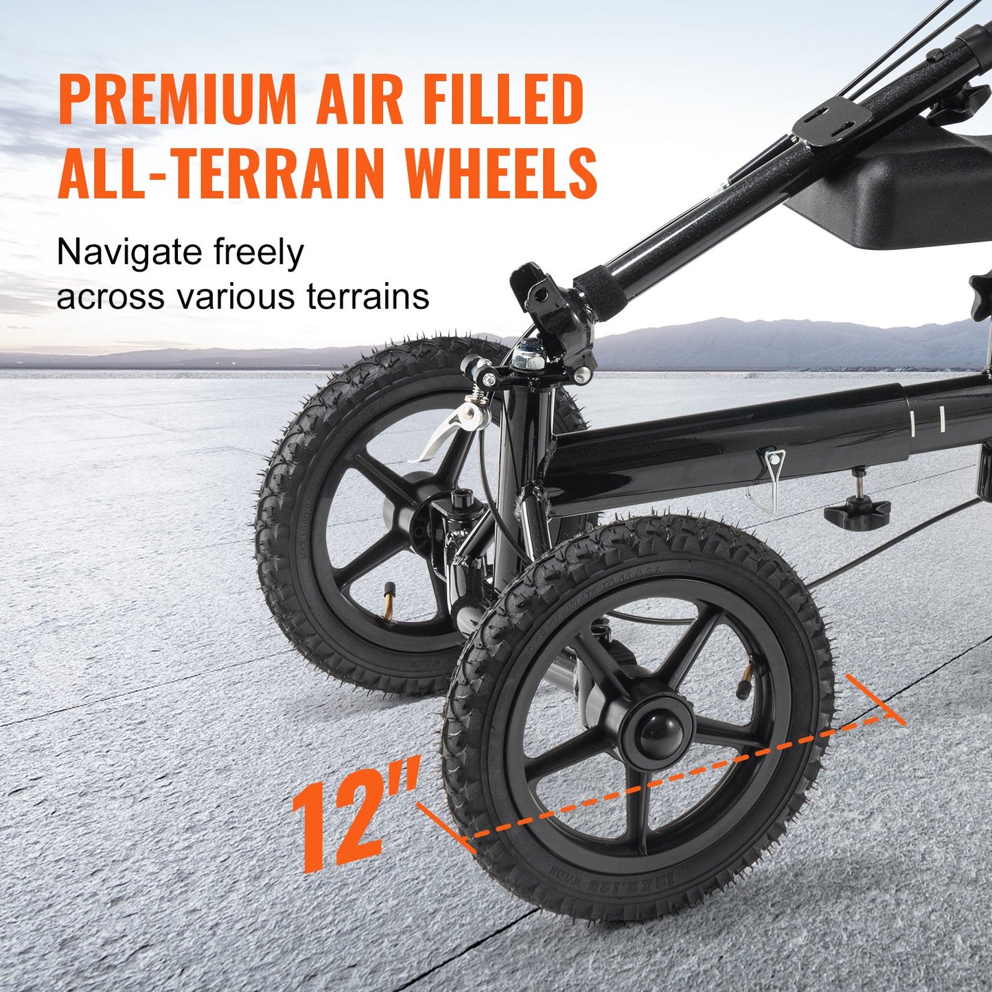 Foldable knee scooter, steerable aluminum knee rollator with height-adjustable handlebar and knee pads, 12" all-terrain wheels, dual brakes, leg recovery scooter for broken ankle foot injuries, 350 LBS