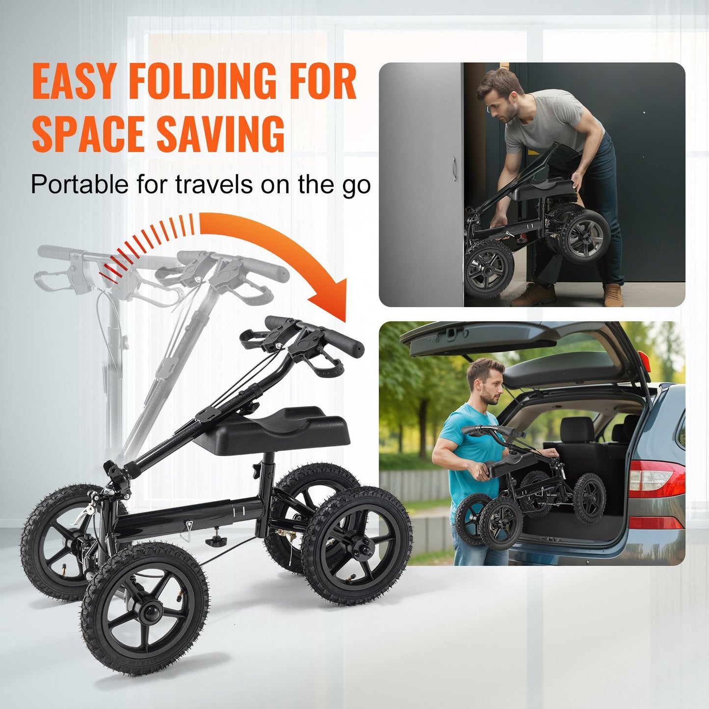 Foldable knee scooter, steerable aluminum knee rollator with height-adjustable handlebar and knee pads, 12" all-terrain wheels, dual brakes, leg recovery scooter for broken ankle foot injuries, 350 LBS
