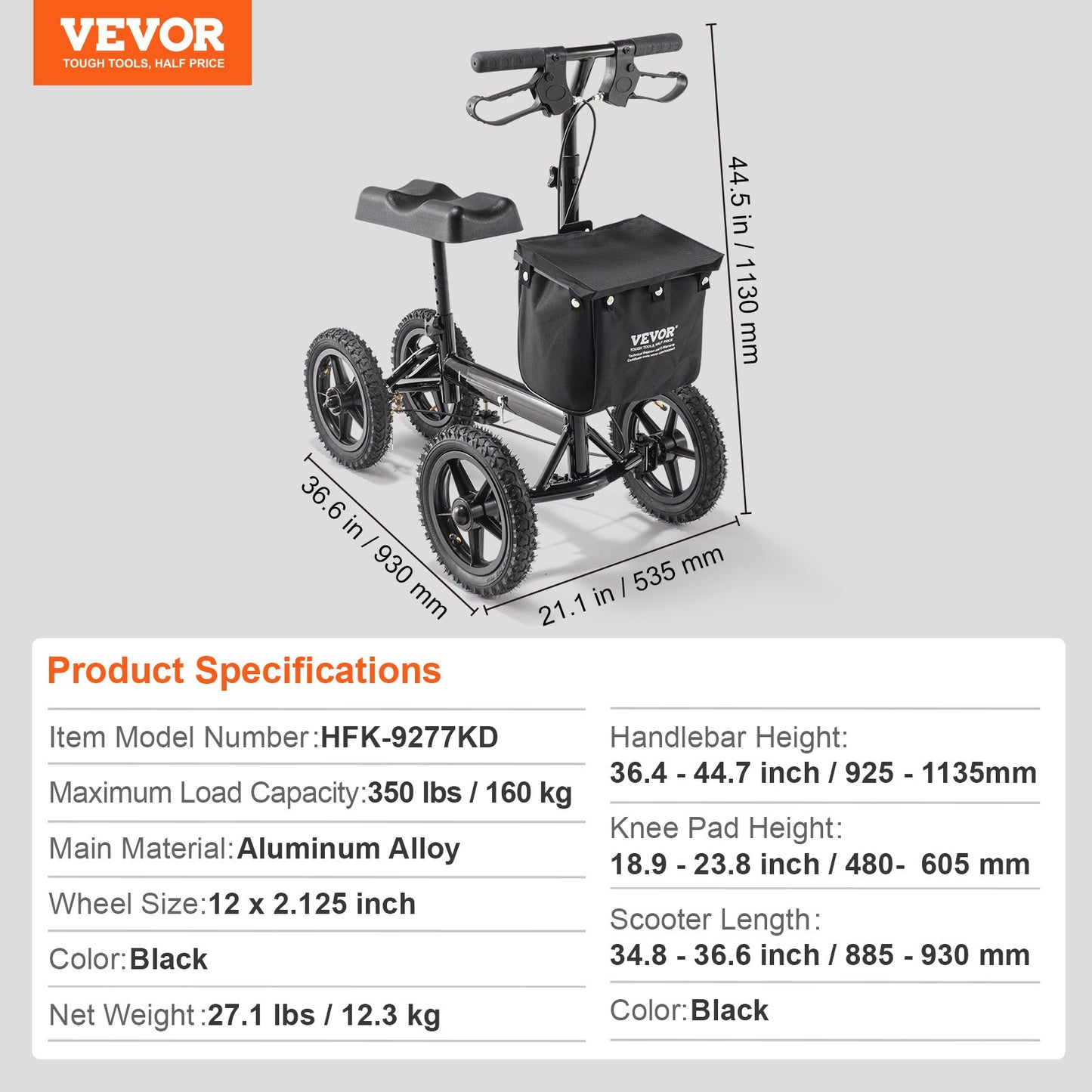 Foldable knee scooter, steerable aluminum knee rollator with height-adjustable handlebar and knee pads, 12" all-terrain wheels, dual brakes, leg recovery scooter for broken ankle foot injuries, 350 LBS