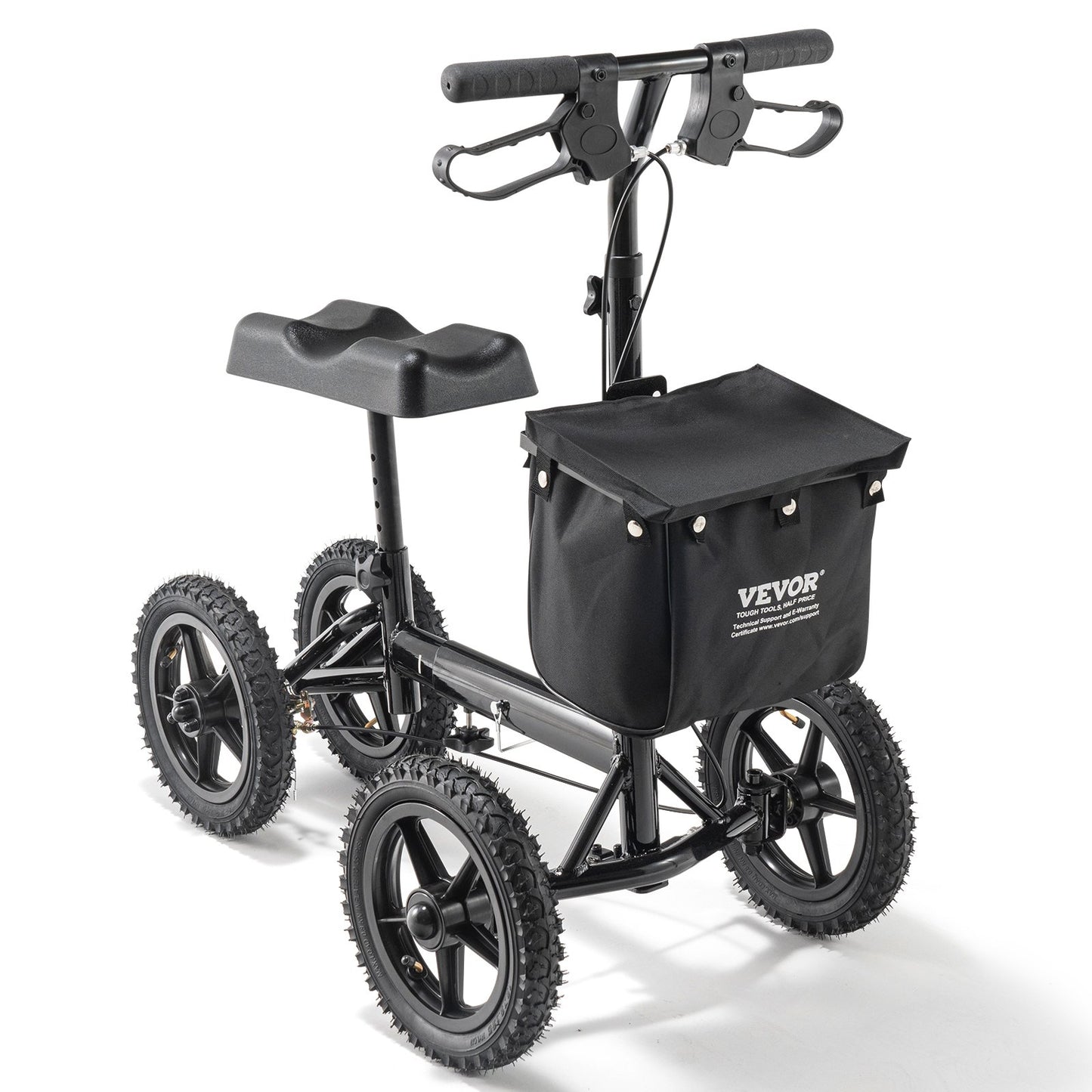 Foldable knee scooter, steerable aluminum knee rollator with height-adjustable handlebar and knee pads, 12" all-terrain wheels, dual brakes, leg recovery scooter for broken ankle foot injuries, 350 LBS
