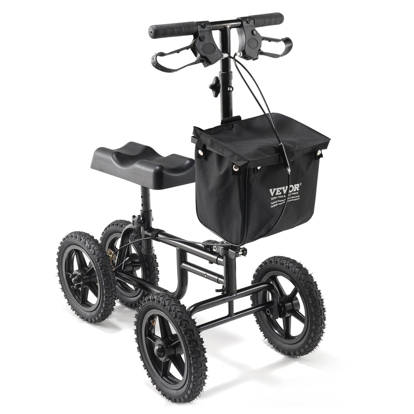 Folding Knä Scooter, Kolstål Styrbar Knee Walker med höjdjusterbart styre och knäskydd, 12" terränghjul, dubbla bromsar, benåterställningsskoter för skadad fotled, fotknä, 350 LBS