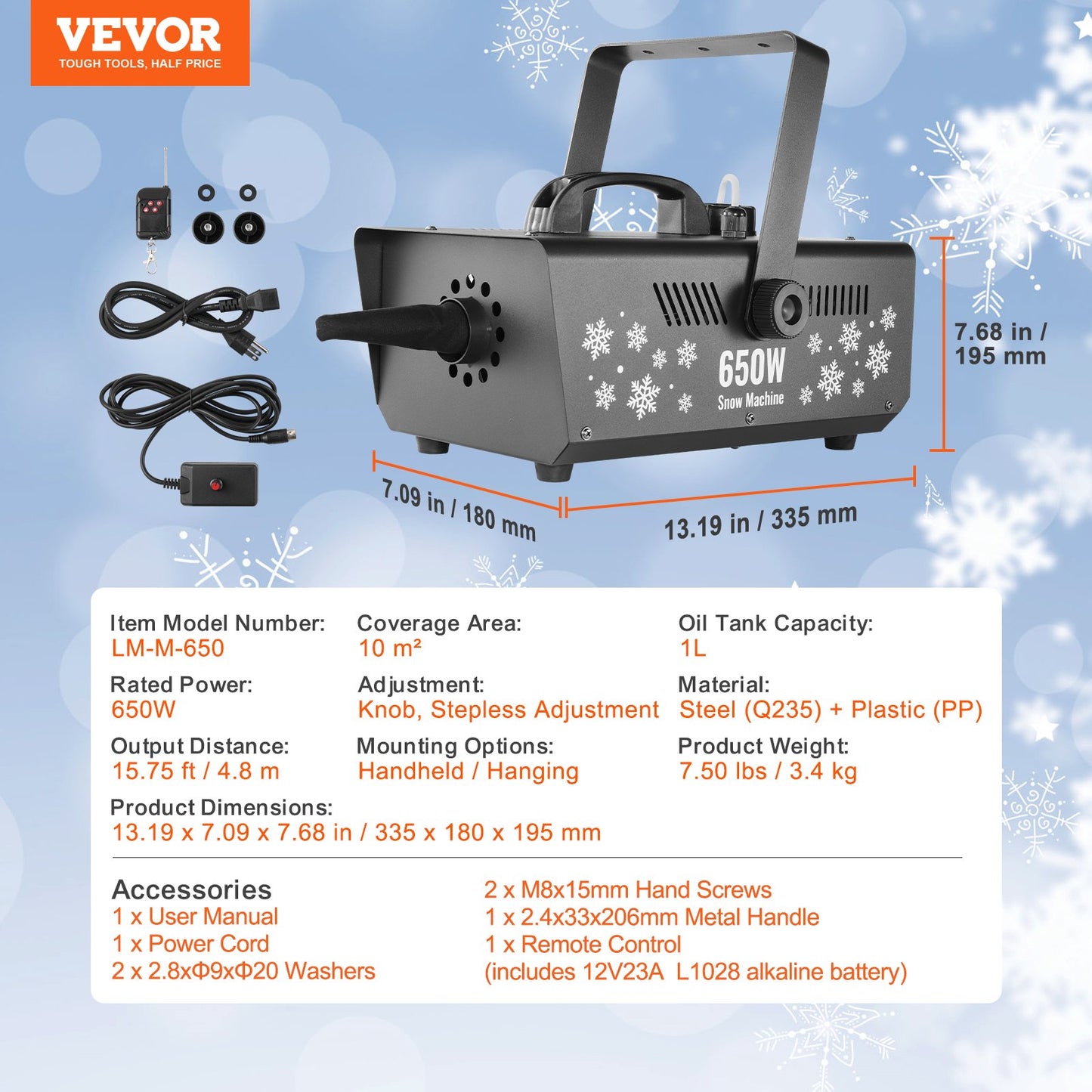 Snow Machine 650W Handhållen hängande snömaskin för semester