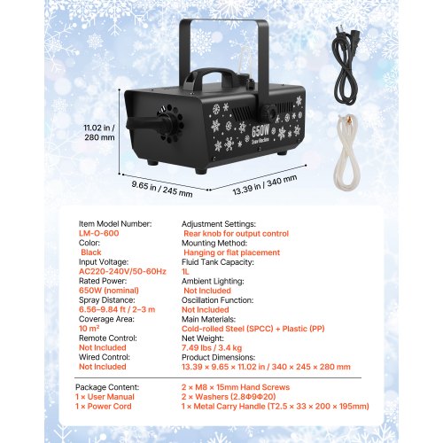 snömaskin, kraftfull 650W handhållen/hängande konstgjord snömaskin, snöflingemaskin med bärbart handtag, konstgjord snöflingemaskin för utomhus- och inomhusbruk för högtider, DJ-fester, juldekorationer | EU