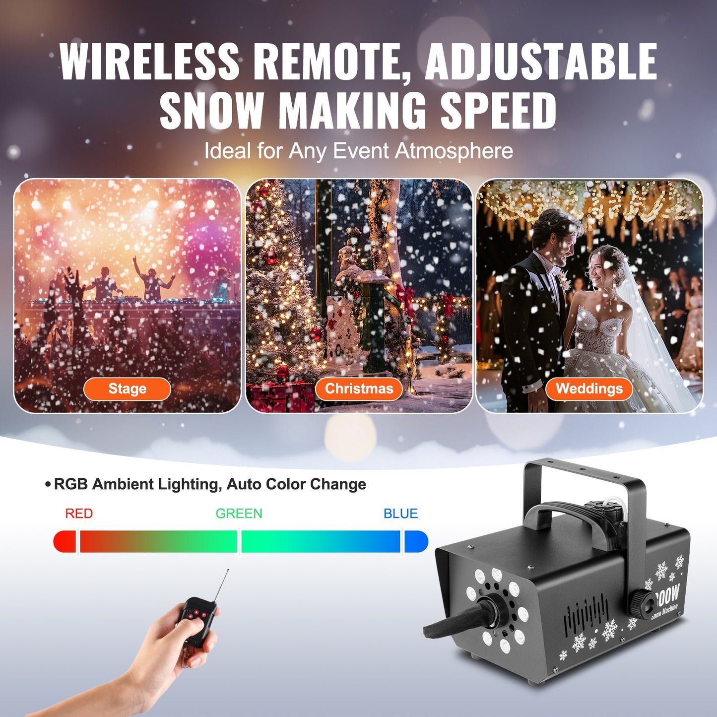 Snow Machine 800W Handhållen hängande snömaskin med LED-ljus för semester