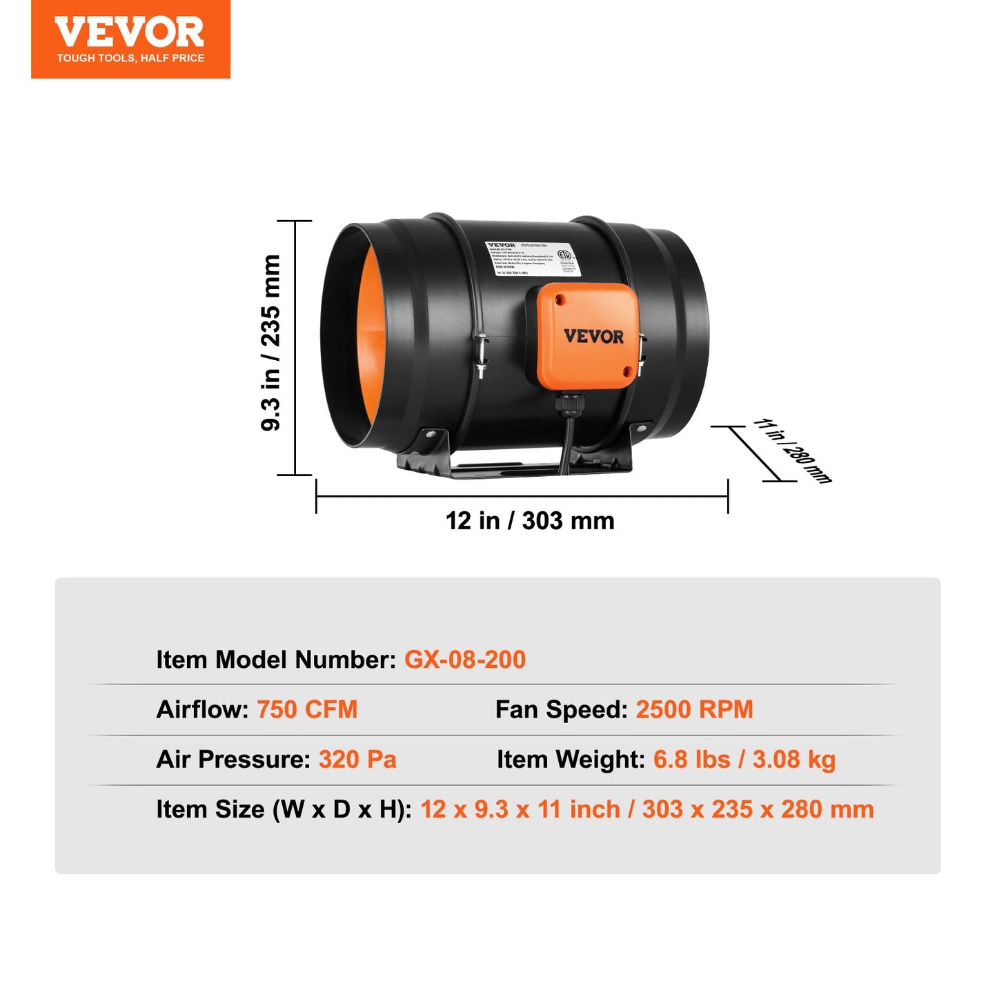 203,2 mm inline kanalfläkt HVAC avgasfläktsats AC variabel hastighetskontroll