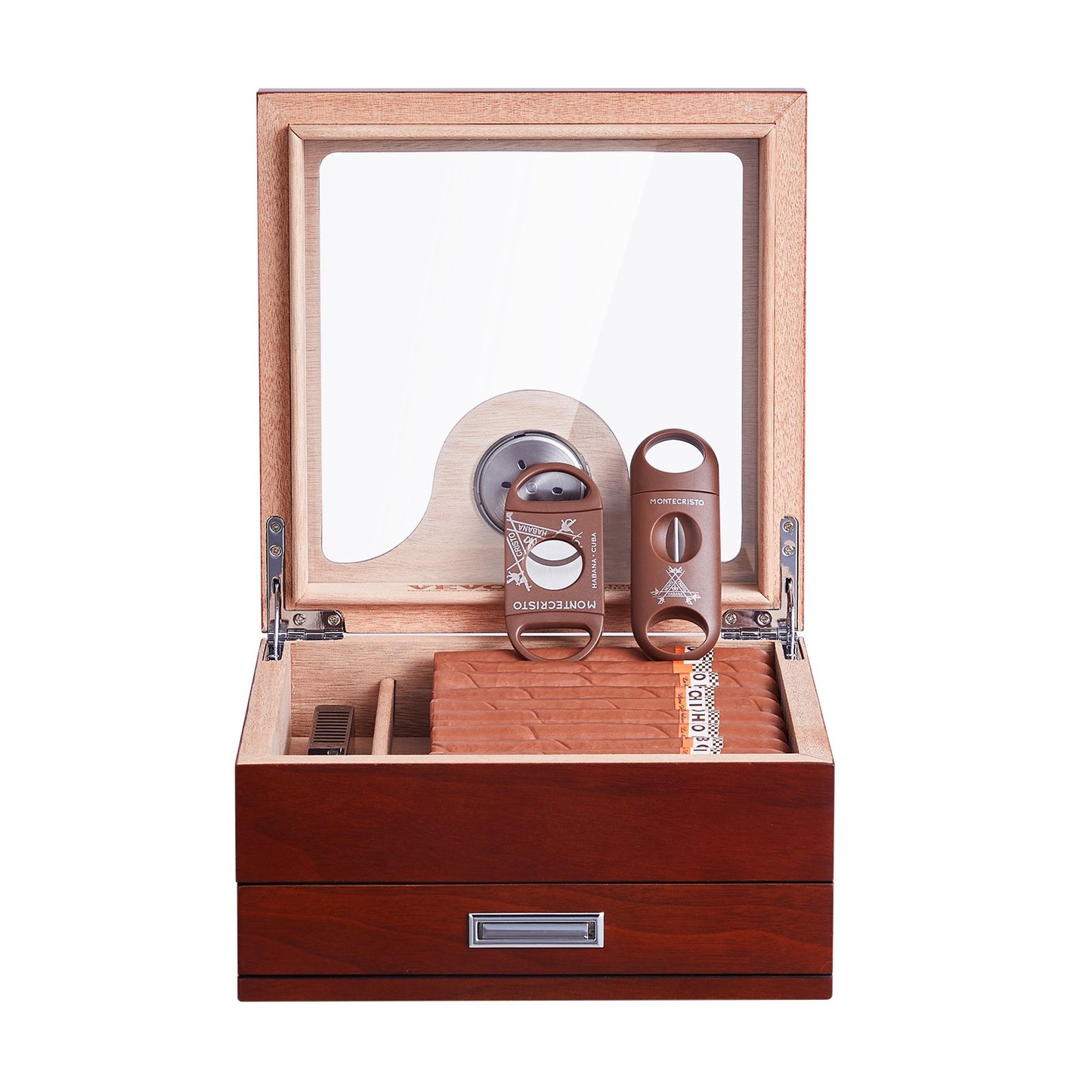 35 Zigarren-Humidor, Glasdeckel, Zedernholz-Zigarrenbox, Luftbefeuchter, Hygrometer und Schublade