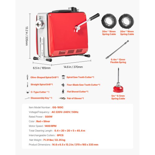 Avloppsrensningsmaskin, 500W 1400 RPM elektrisk rörrengöringsmaskin för avloppsrör med 40m x 16mm, 5m x 9.5mm & 0.4m x 12mm stålfjädervajer och 6 avbitartänger, passar rör med 50-110 mm diameter | EU