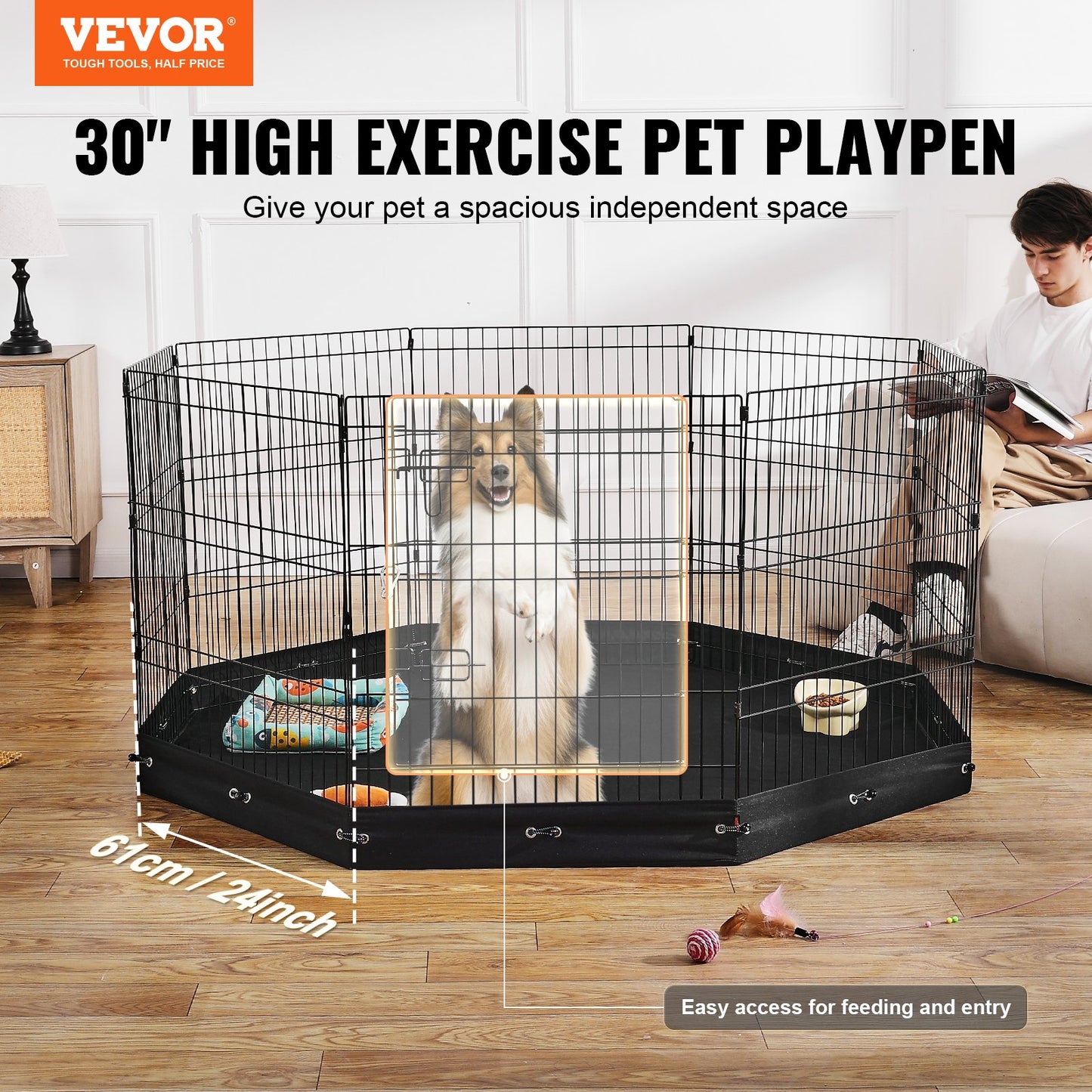 Dog Playpen 8 Panels Foldable Metal Training Pen for Dog with Bottom Pad 30"H