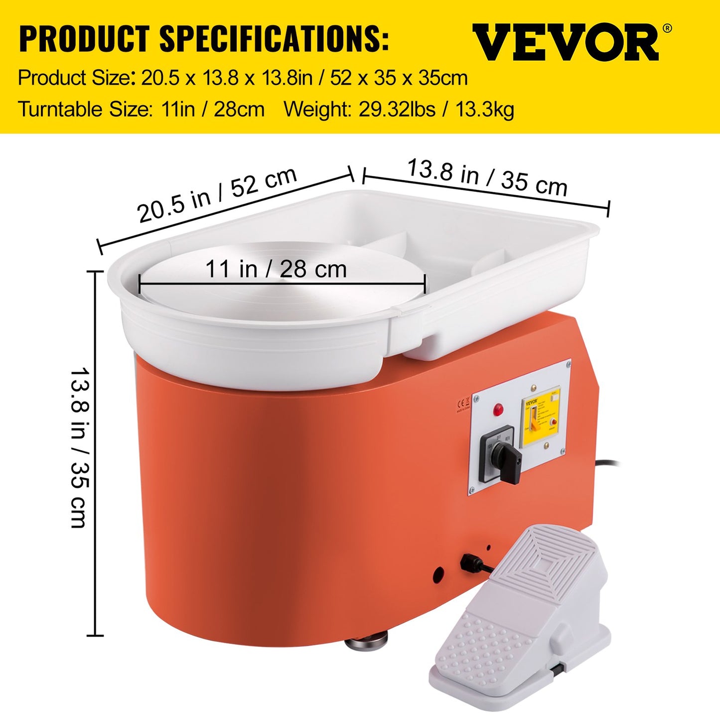 Keramikhjul 11in 0-300 RPM Keramiskt hjul, 350W justerbar hastighetsformningsmaskin med skulpteringsverktyg och förkläde, löstagbar bassängfotpedalkontroll för konsthantverk och hemmagjorda DIY Orange